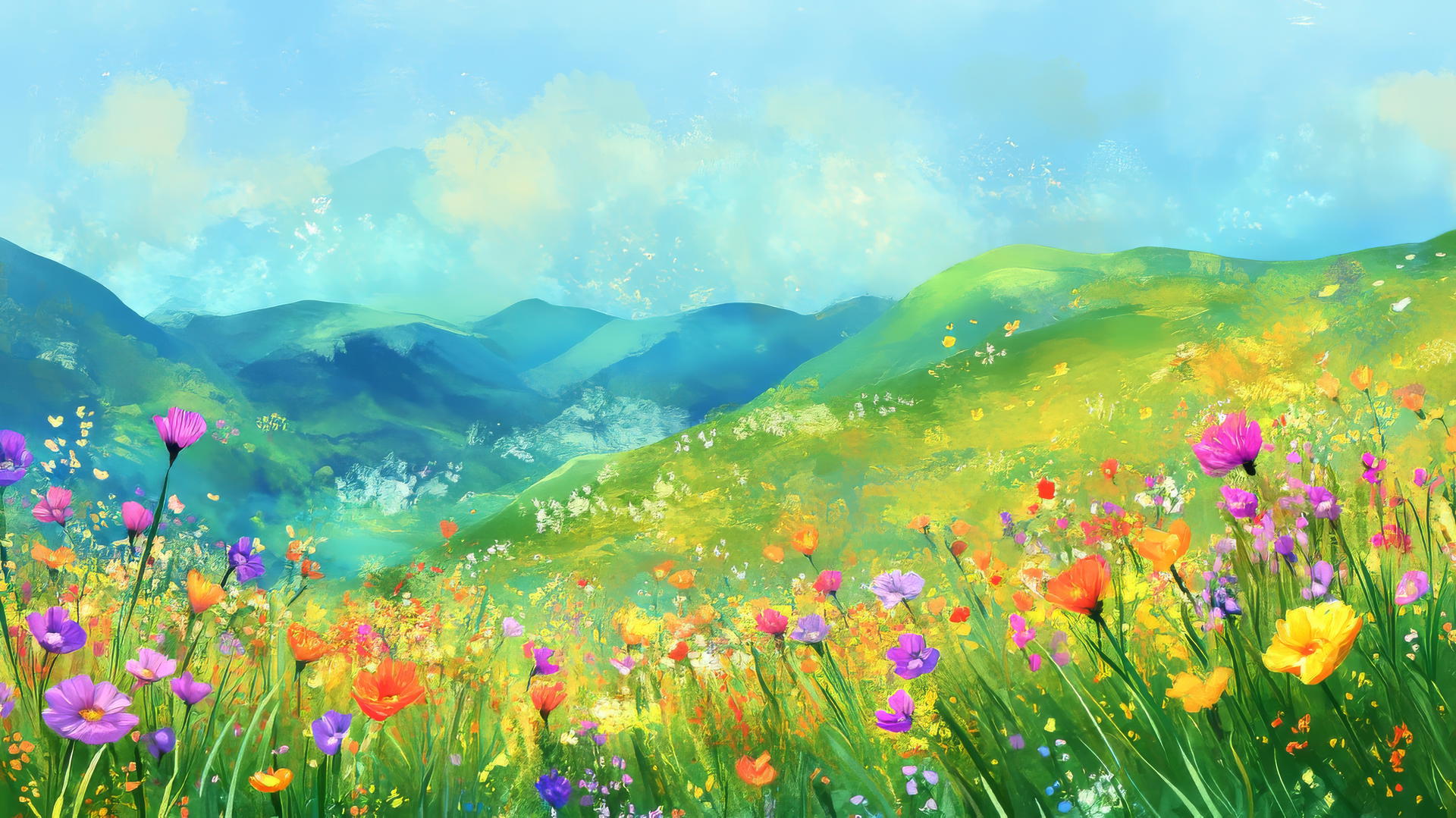 Spring background wallpaper with green hills and colorful wildflowers.