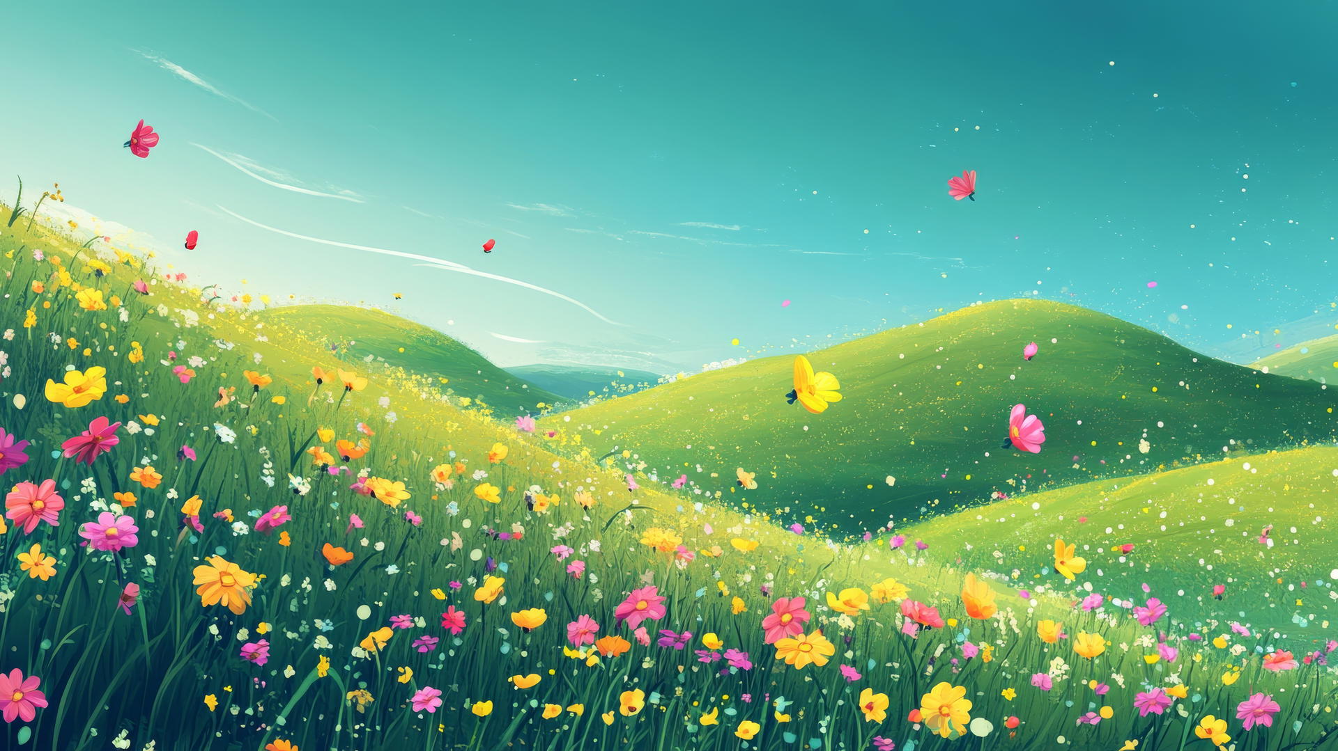 spring background wallpaper with green hills and colorful wildflowers