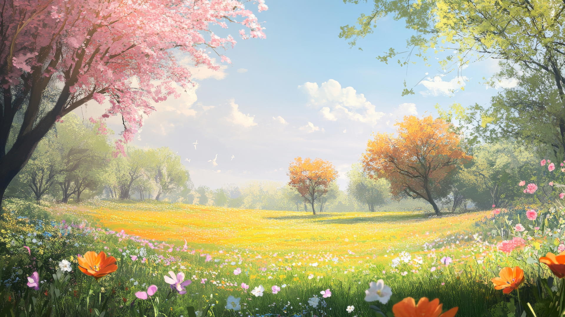 spring background wallpaper with sunny meadow, blossoming trees, and vibrant flowers