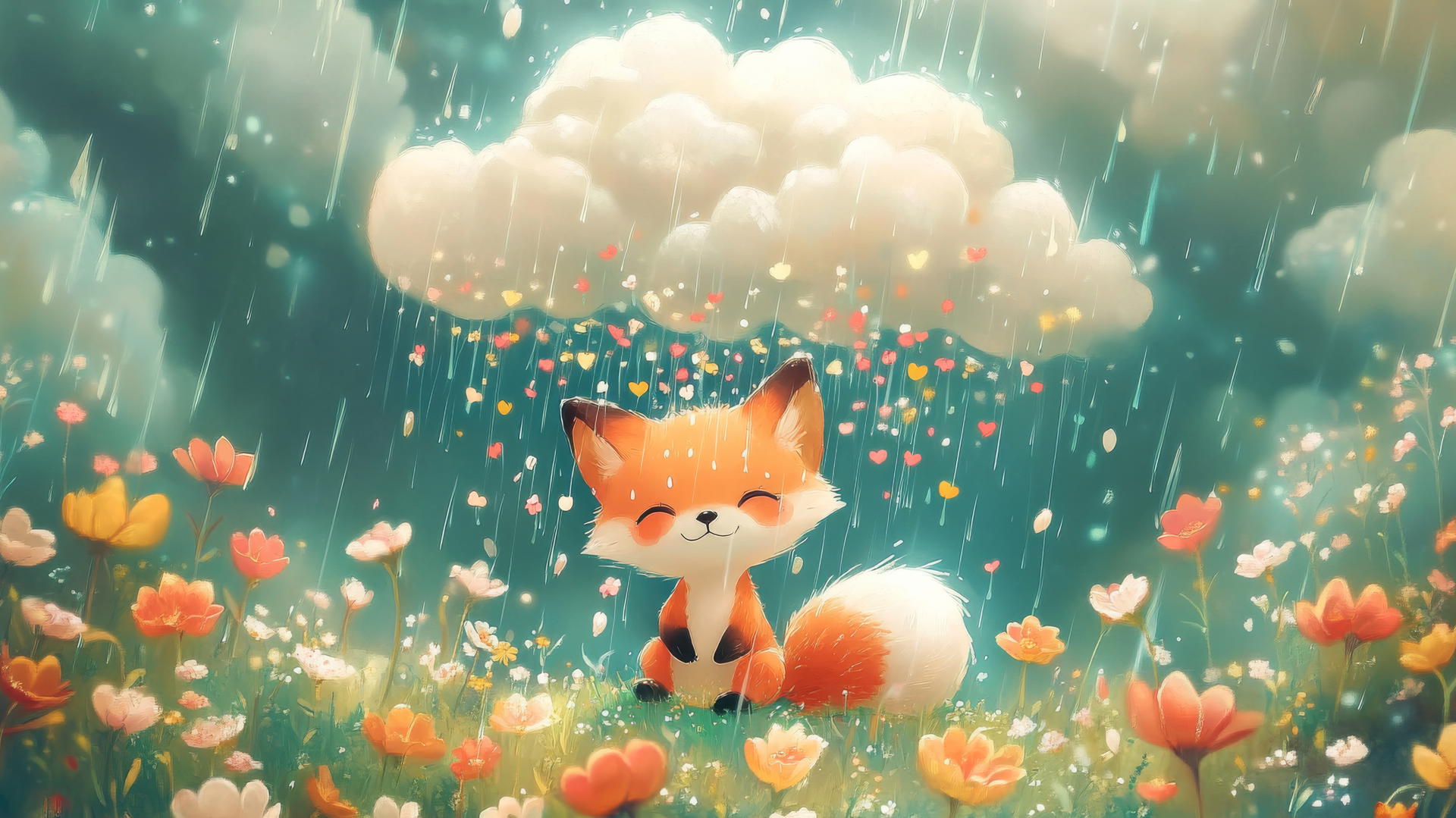 cute spring wallpaper with a baby fox under a cloud raining flowers