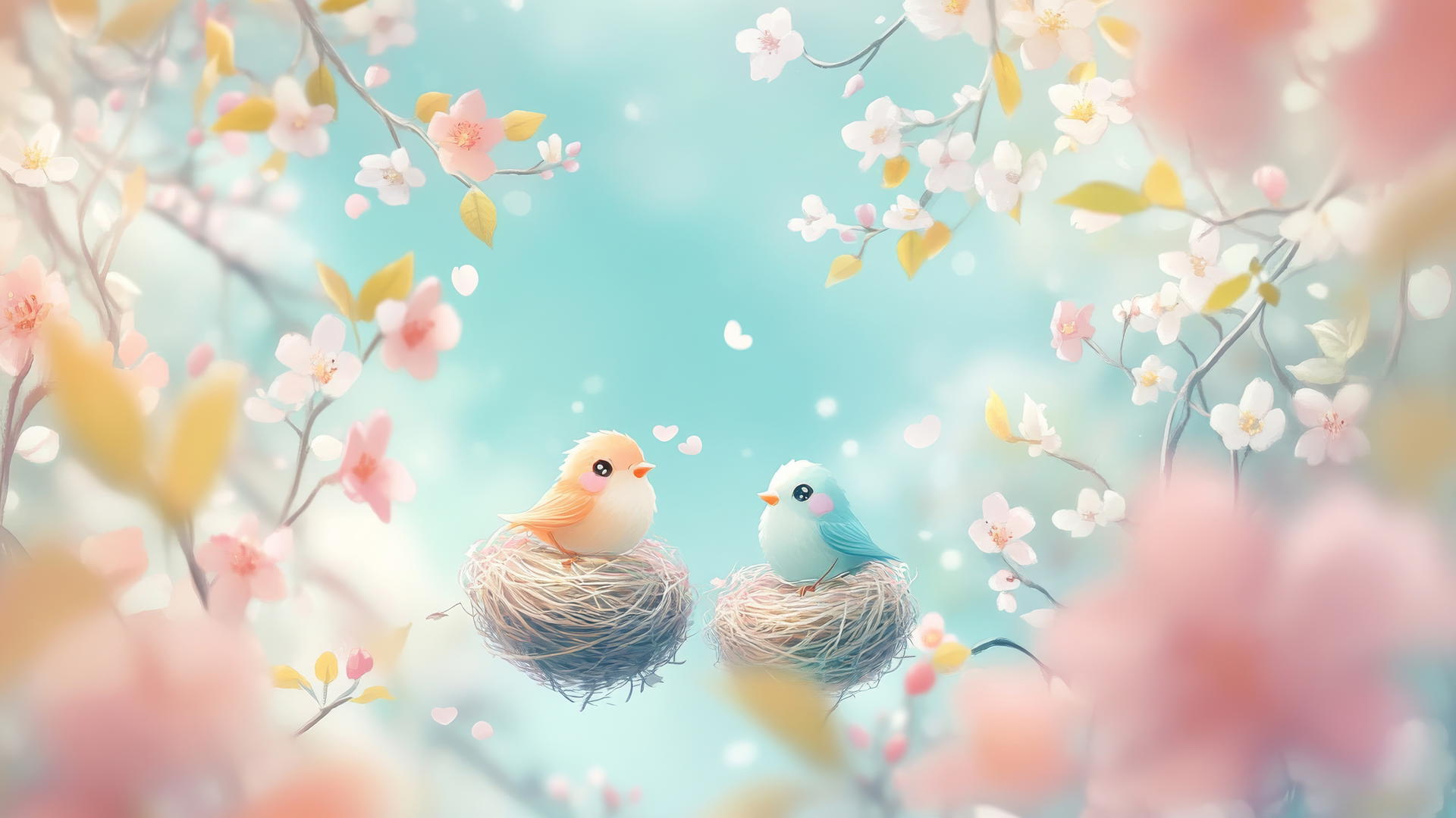 cute spring wallpaper with tiny birds in colorful nests surrounded by blossoms