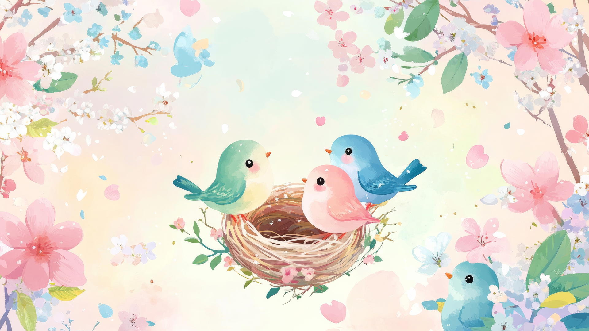 cute spring wallpaper with tiny birds in colorful nests among blossoming flowers