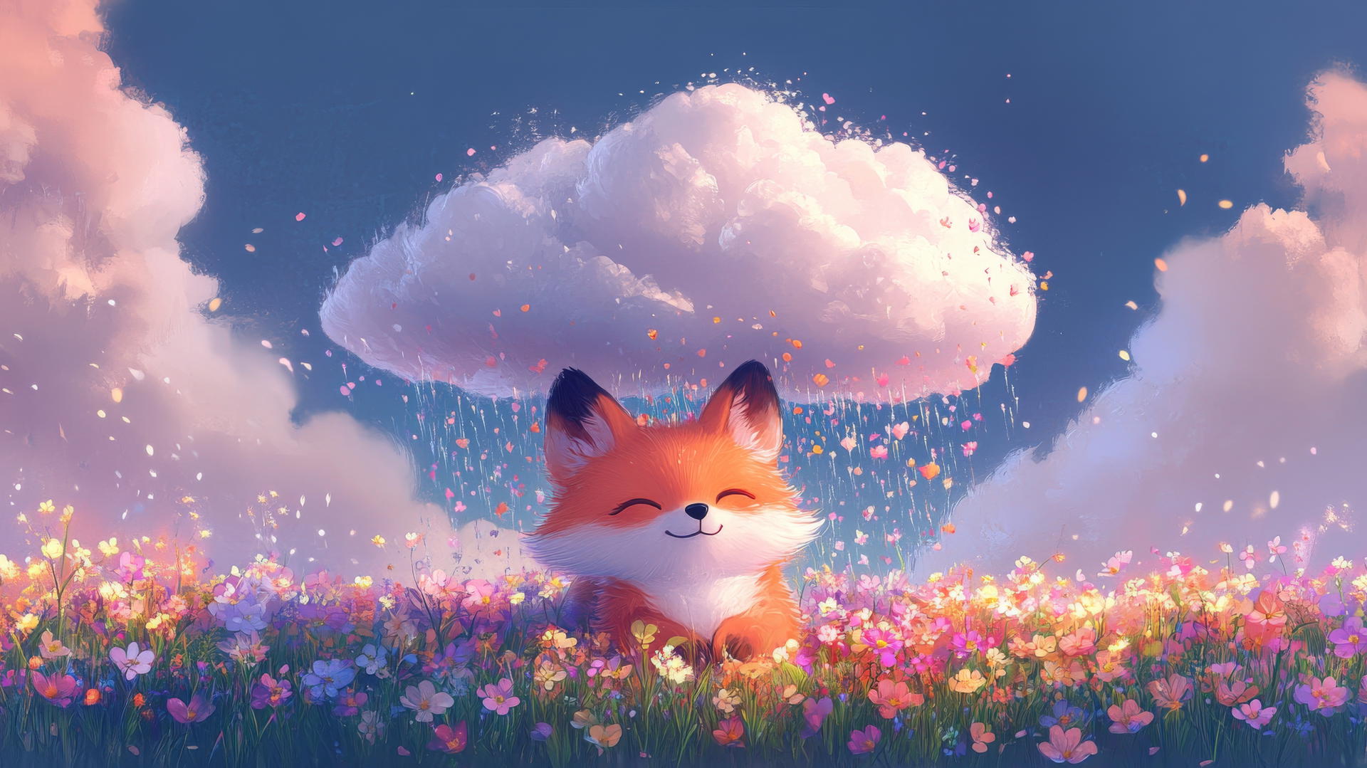cute spring wallpaper with a fluffy white cloud raining tiny colorful flowers over a smiling baby fox