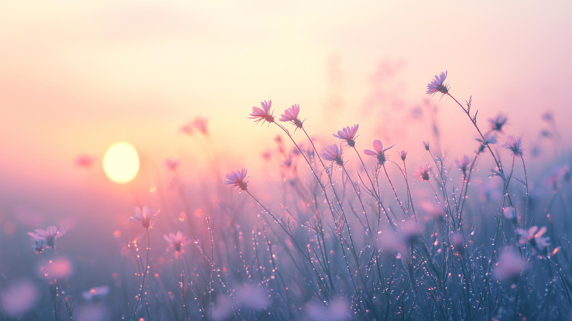 spring aesthetic wallpaper with wildflowers in a dewy meadow at sunrise