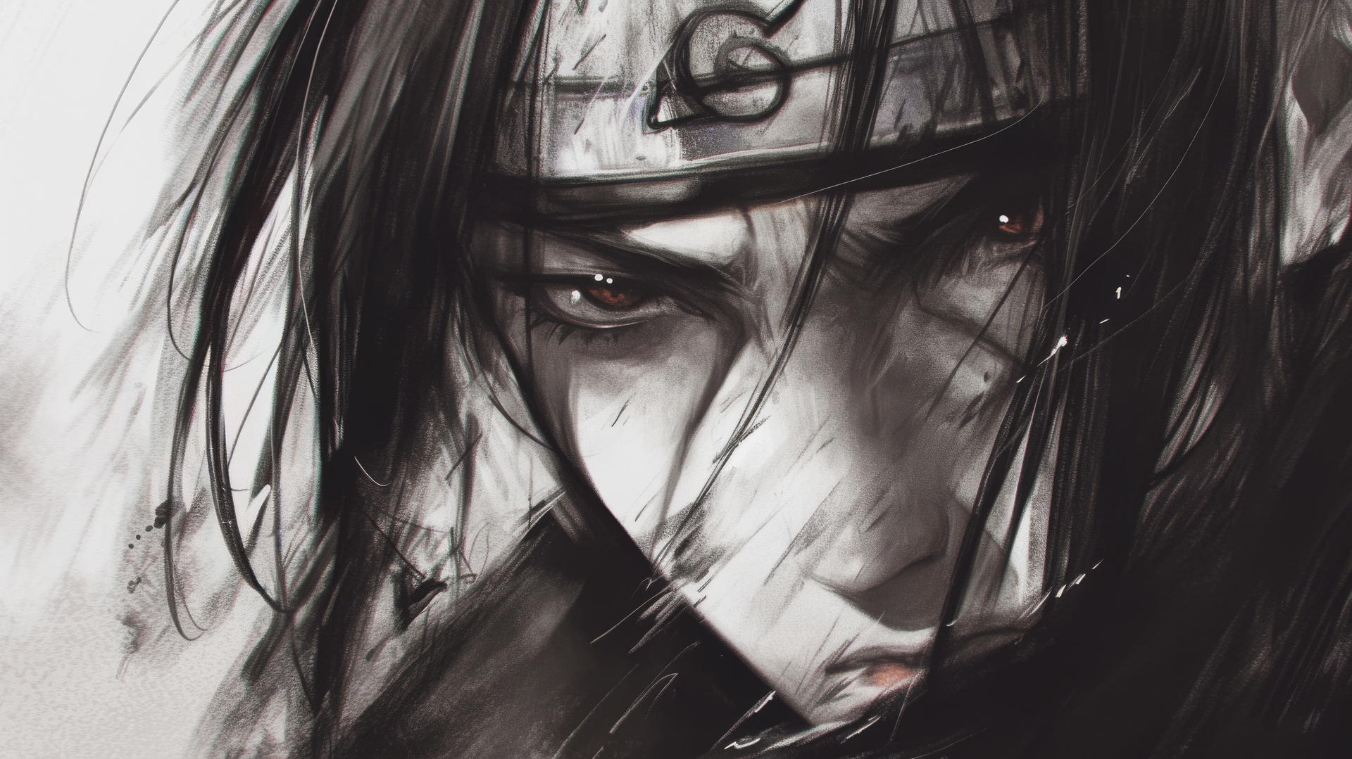 charcoal Itachi Uchiha drawing with soft shading, moody atmosphere