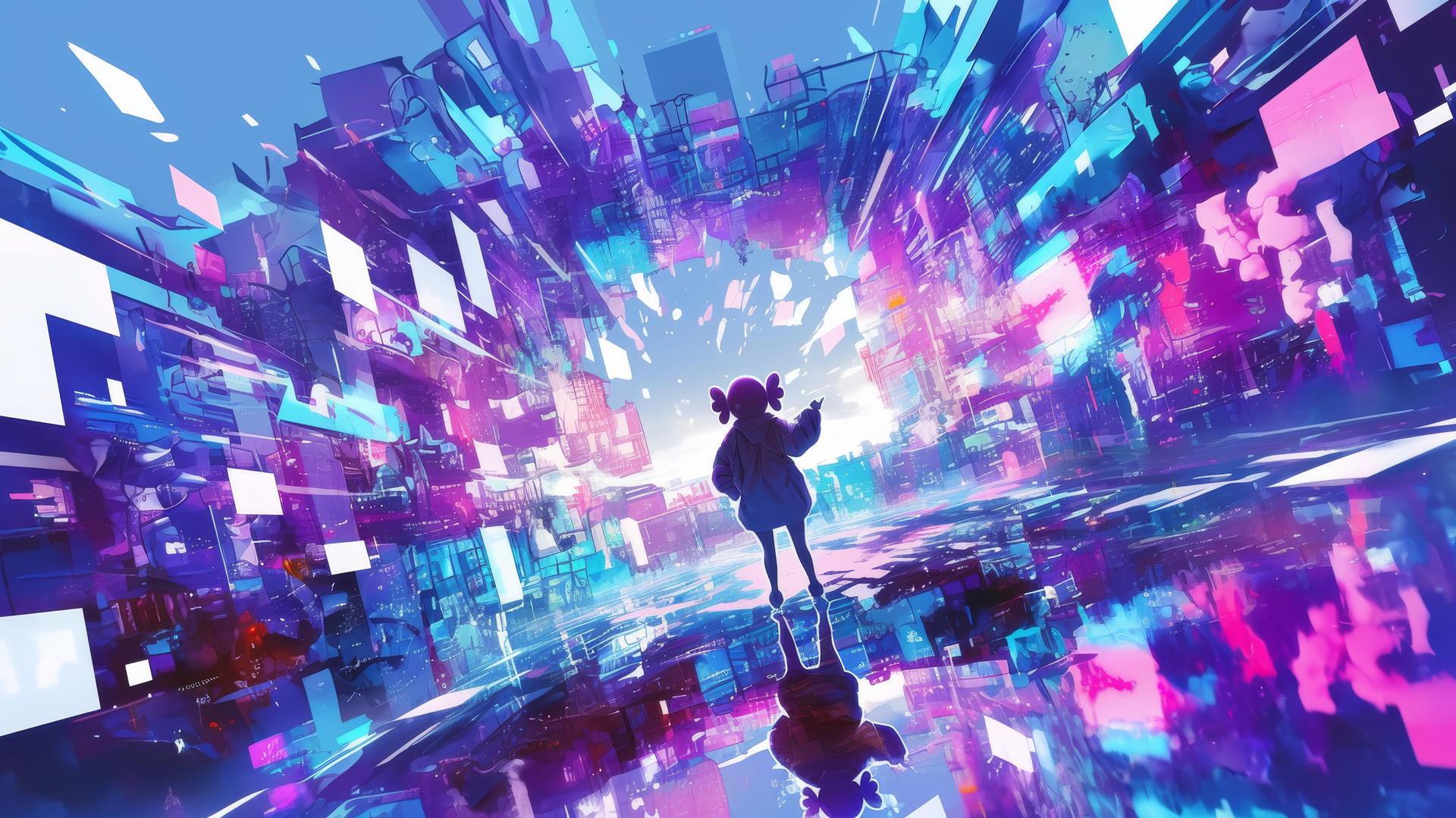 Kaws artwork in neon among cityscape with reflections