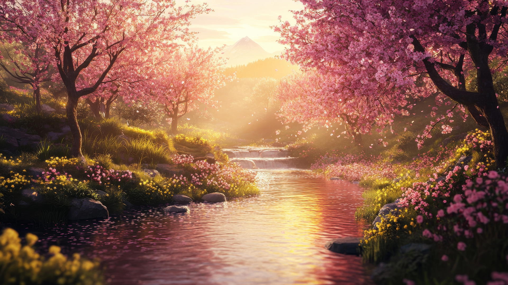 spring aesthetic wallpaper with cherry blossoms, streams, and warm golden light