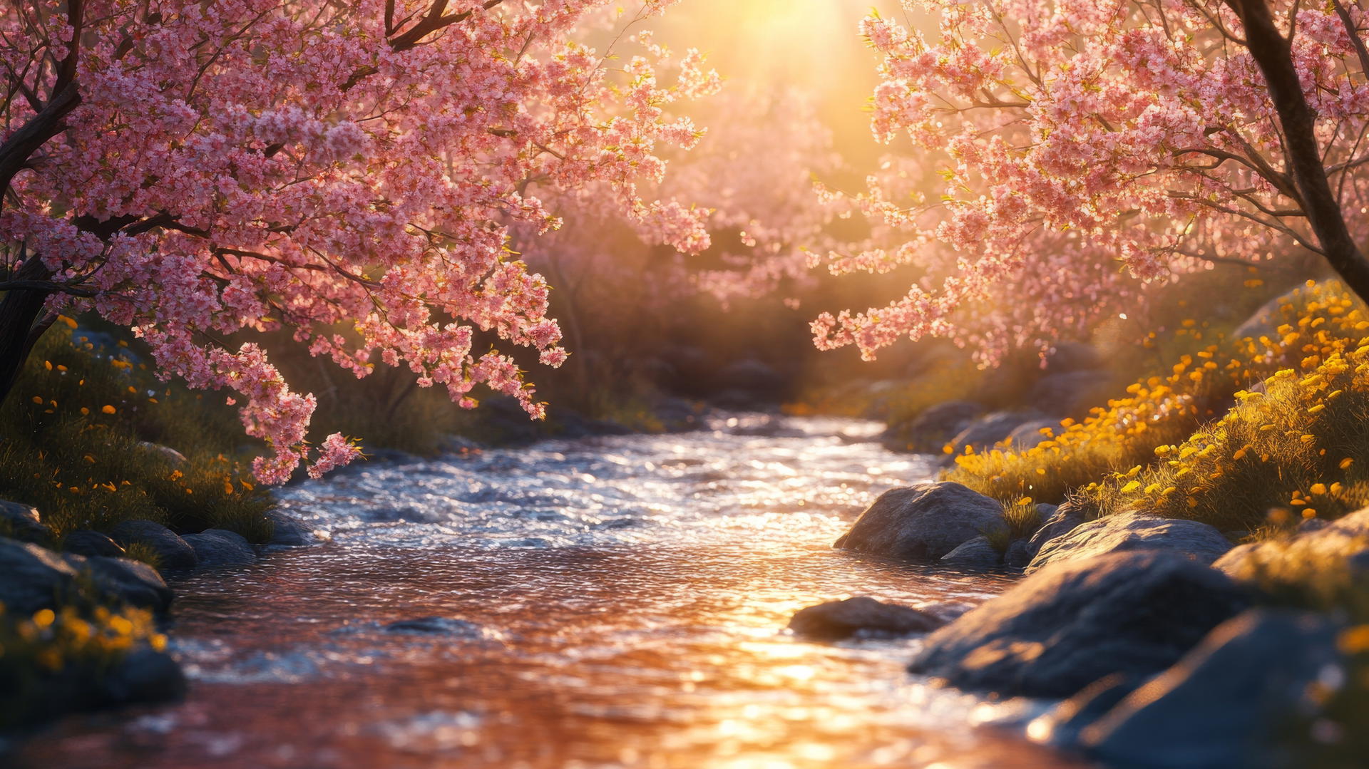 spring aesthetic wallpaper with cherry blossoms and golden light