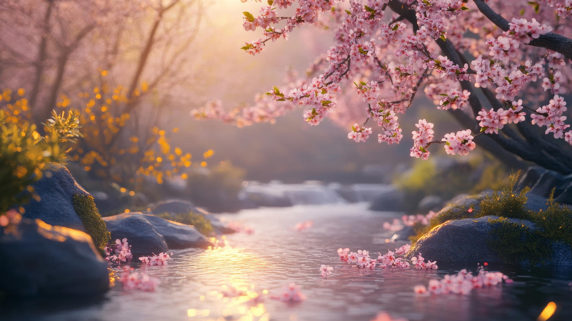 spring aesthetic wallpaper with blooming cherry blossoms and warm golden light