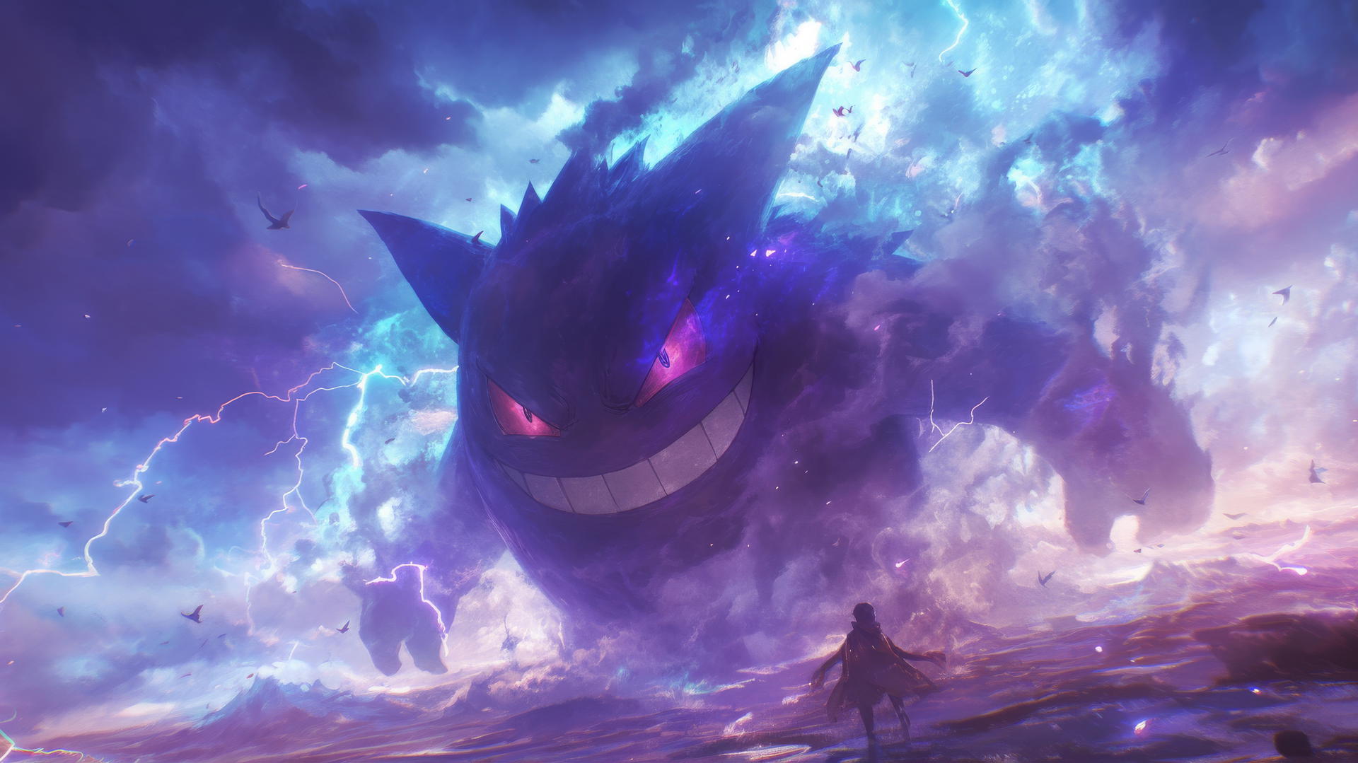 Gengar Pokemon amidst swirling clouds and thunderstorms, commanding the storm.