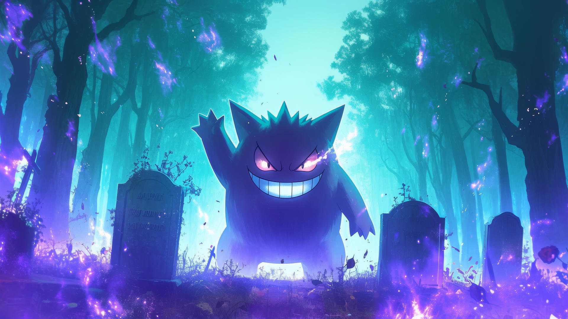 Gengar Pokemon smirking through a foggy graveyard with an eerie green glow
