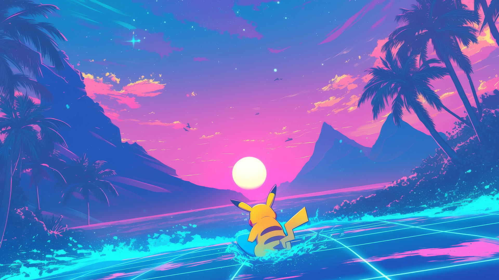 Pikachu surfing in retro 80s neon colors with palm trees and glowing mountains