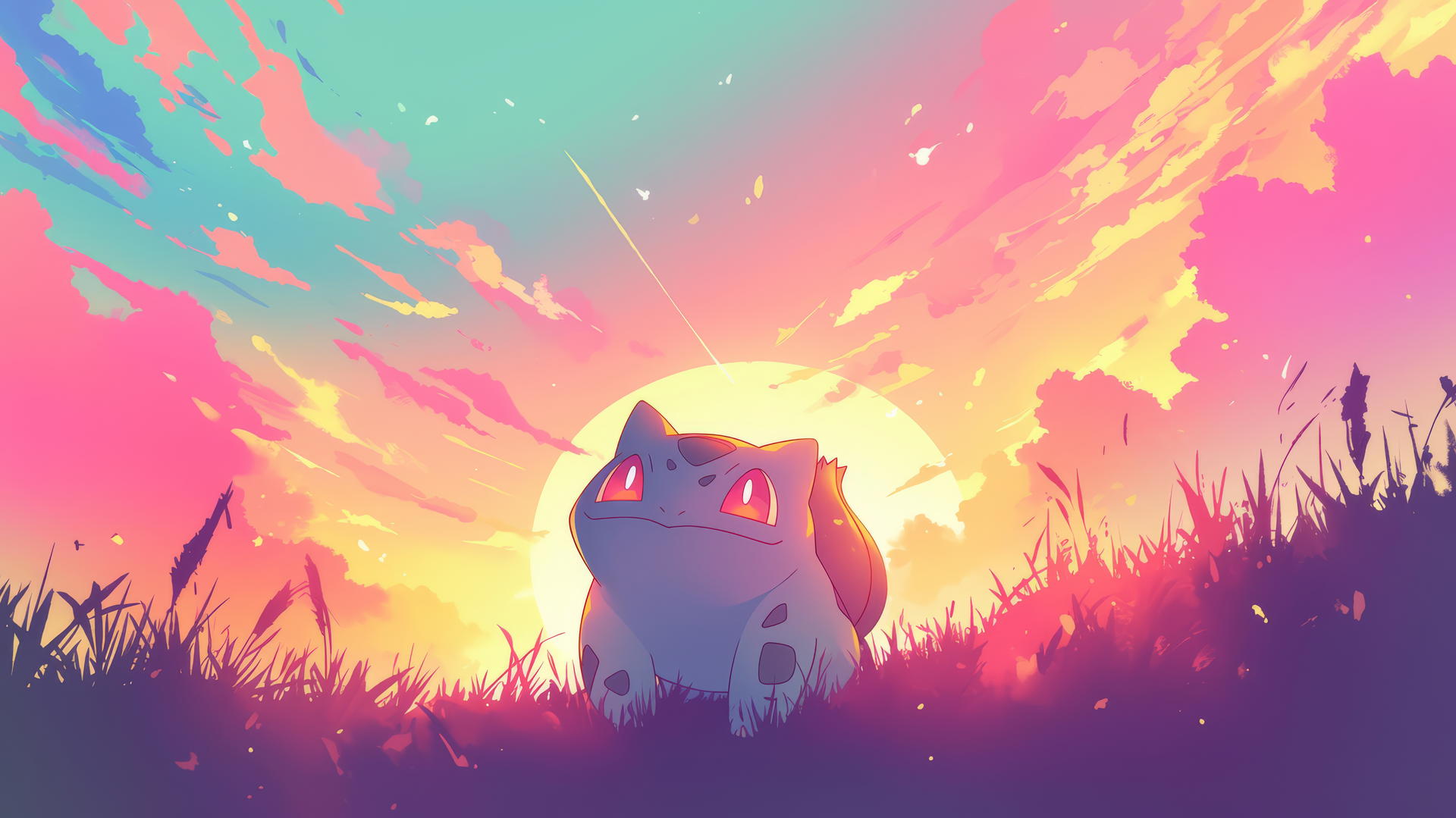 pokemon bulbasaur silhouette against a gradient sunset sky with pastel pink, orange, and purple hues.