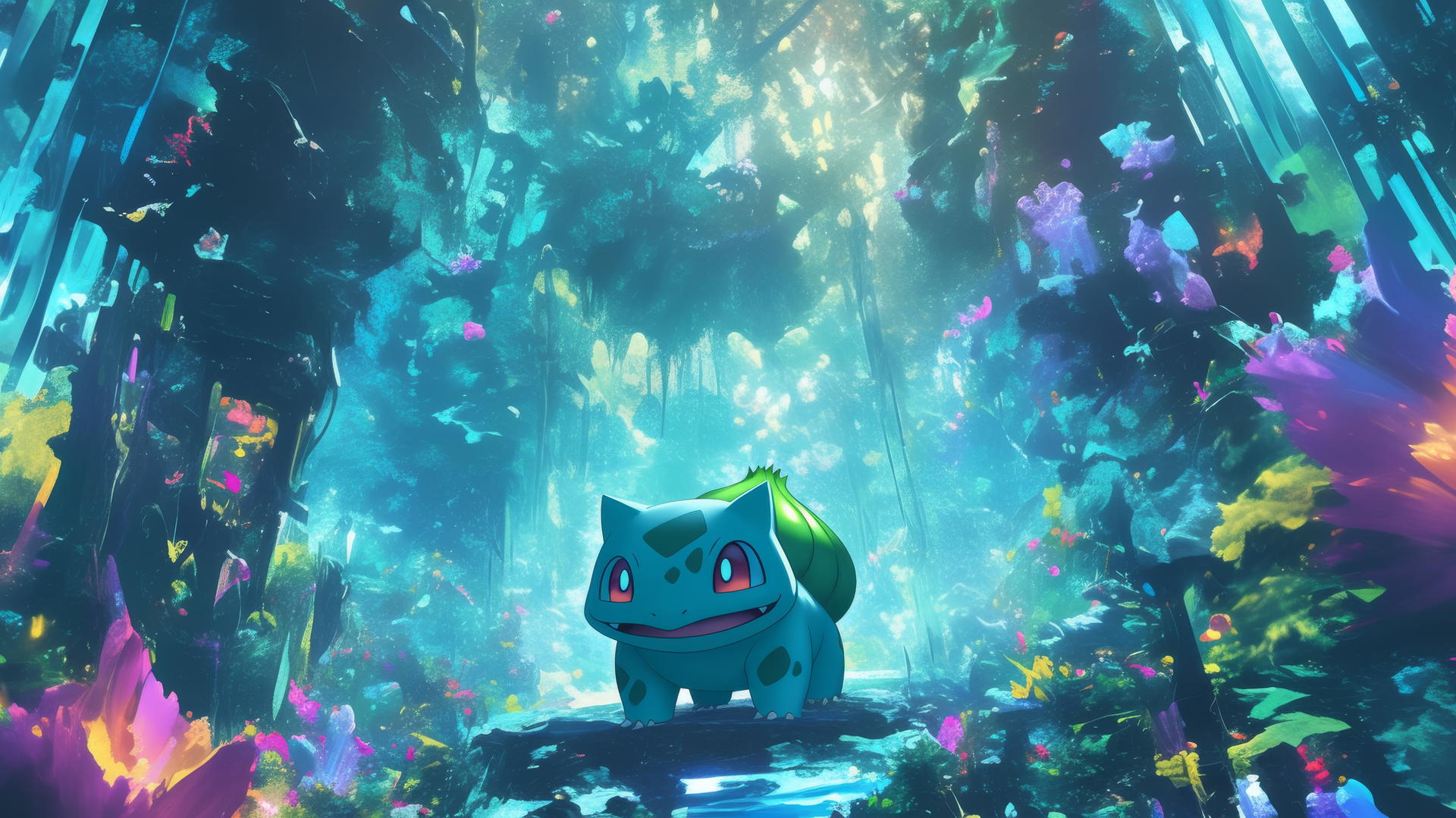 pokemon bulbasaur in a surreal glass crystal landscape