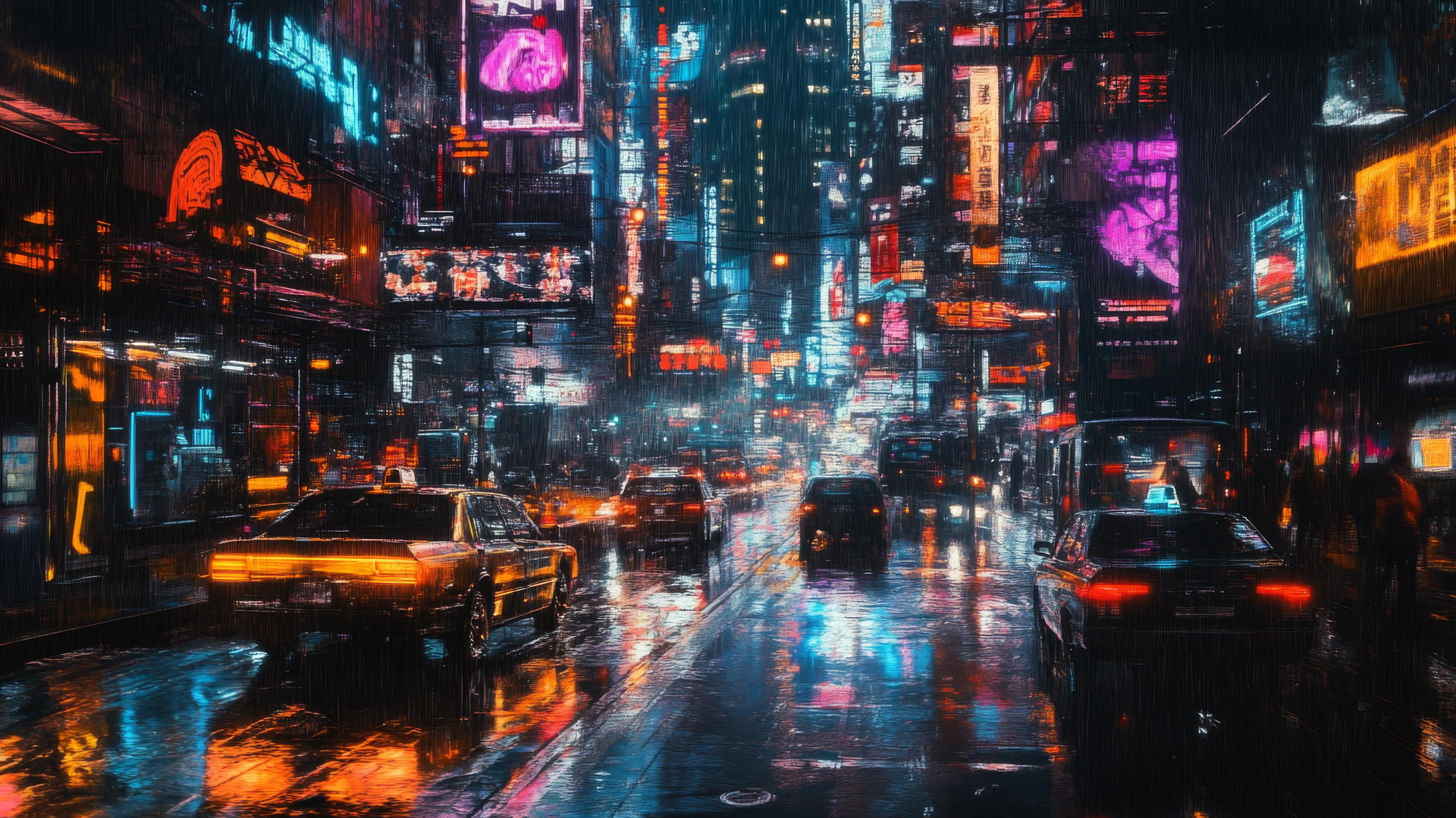 A cyberpunk city street with futuristic vehicles, neon signs, rain, cool wallpapers 4k