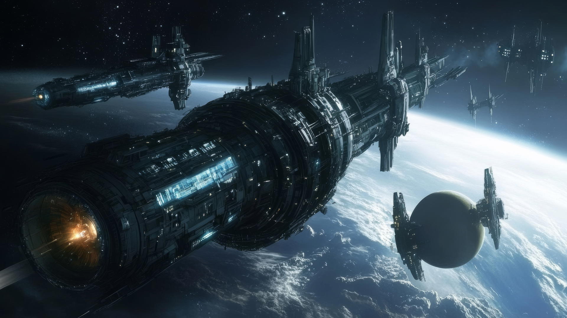 cool wallpapers for boys featuring a futuristic space station orbiting a distant planet with spaceships