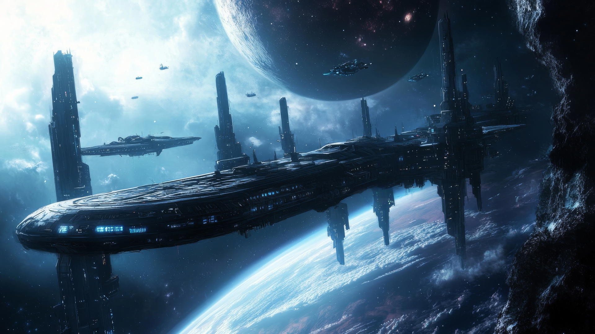 cool wallpapers for boys: futuristic space station orbiting a distant planet with spaceships