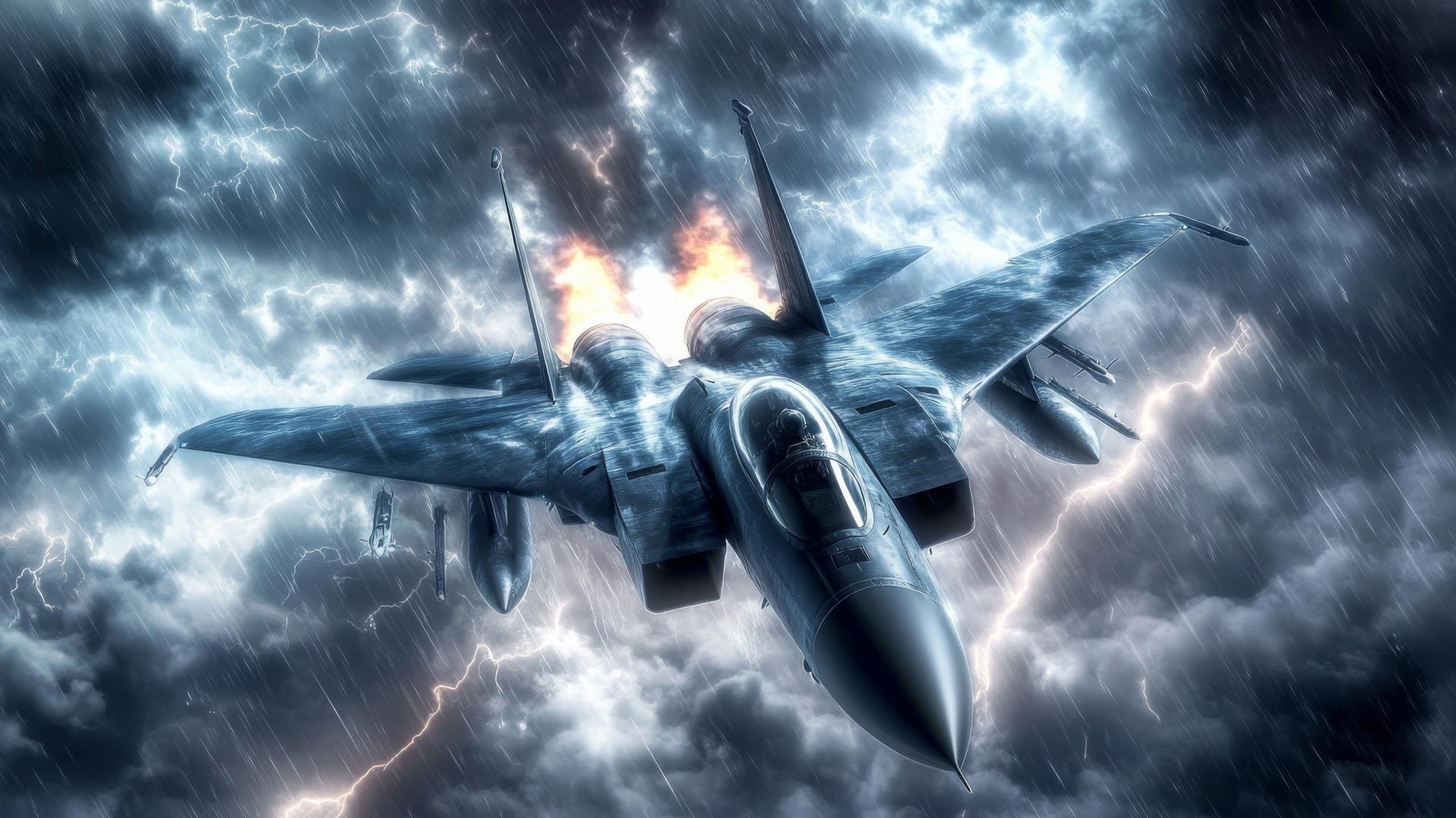 a sleek fighter jet flying through stormy skies with thunder and lightning, cool wallpapers for boys