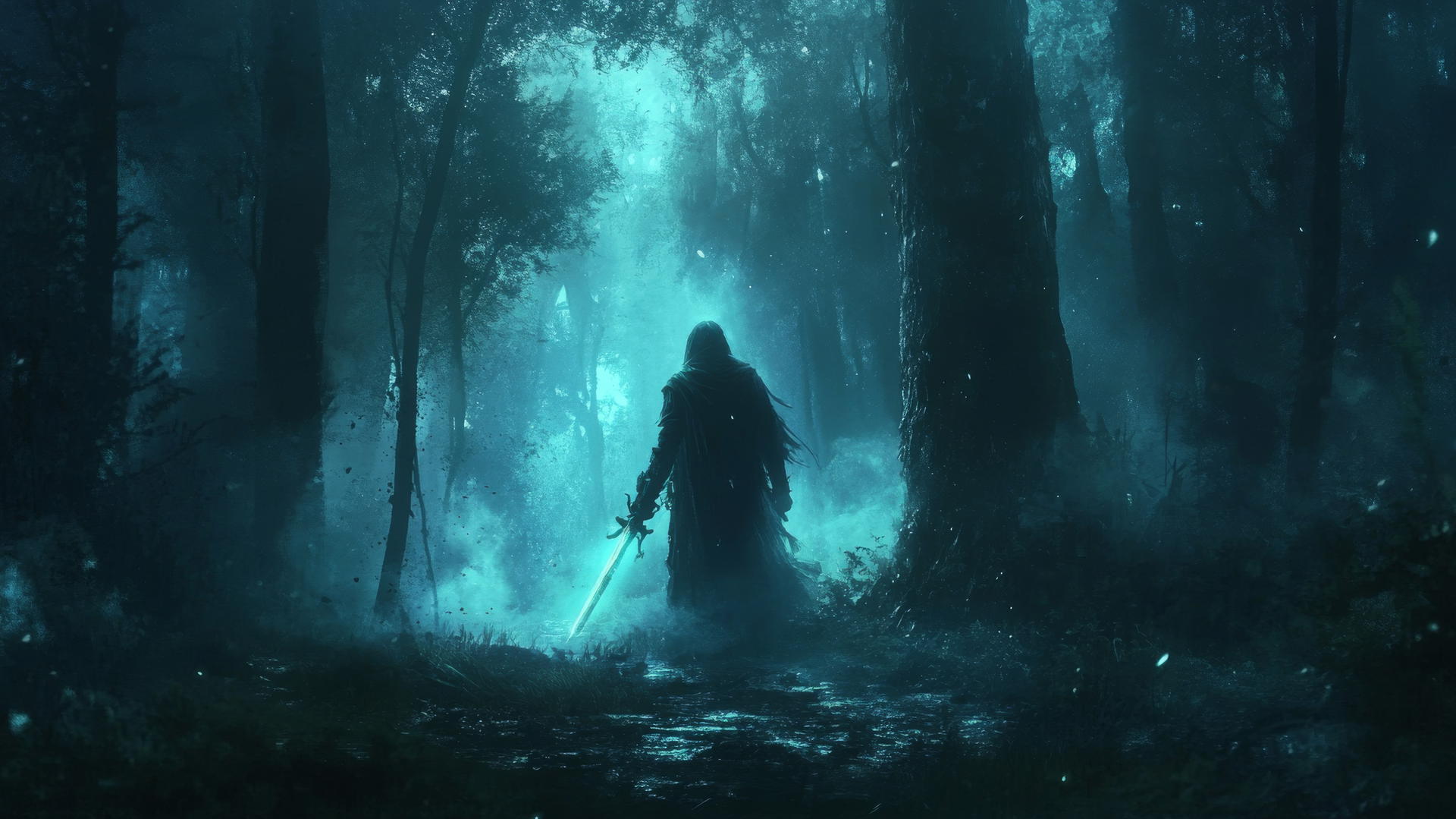 cool wallpapers for boys featuring a mysterious warrior with a glowing sword in a dark, misty forest.