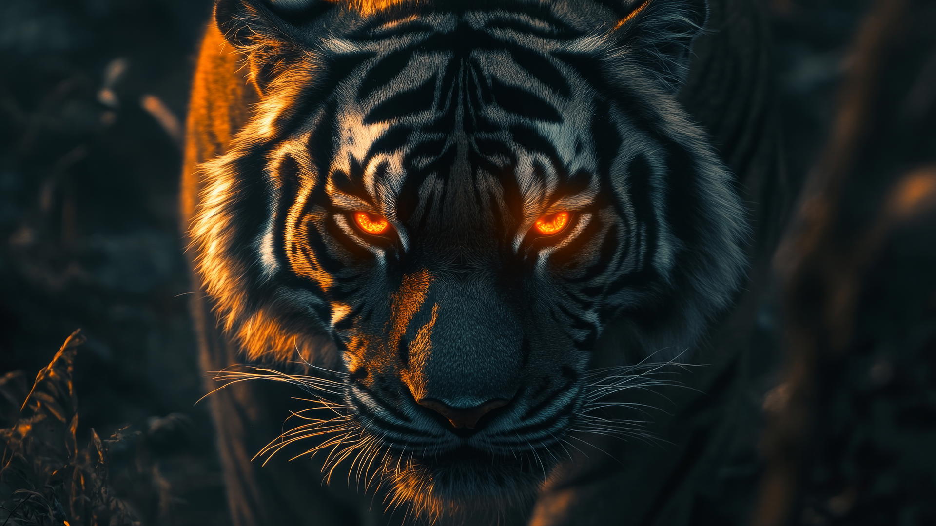 close-up of roaring tiger with glowing orange eyes, illuminated by soft sunlight, cool wallpapers for boys