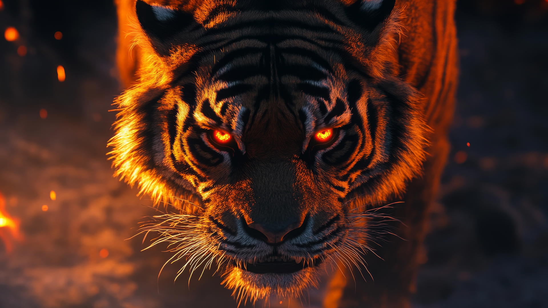 Close-up of roaring tiger with glowing orange eyes, cool wallpapers for boys