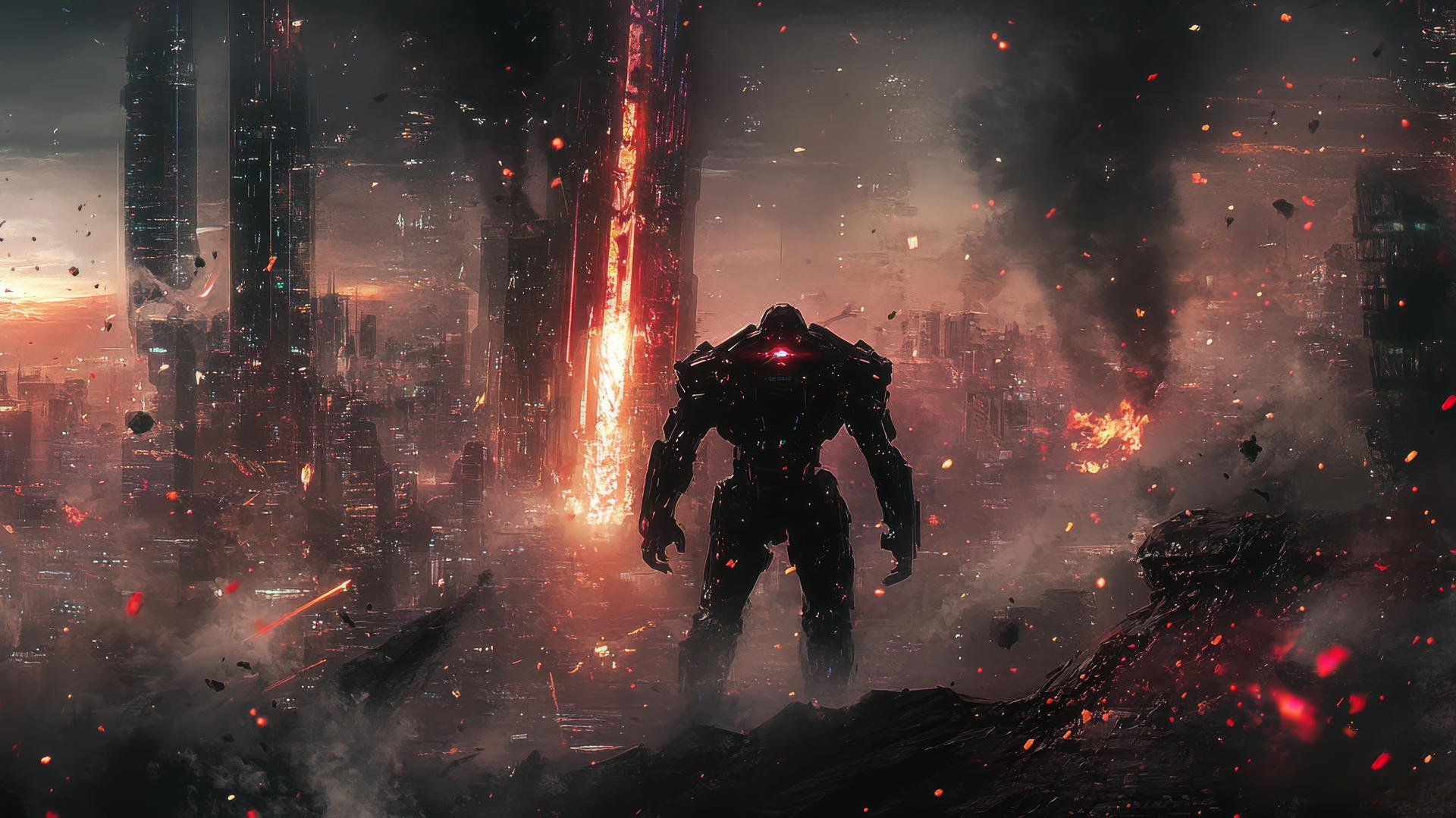 Glowing futuristic mech warrior in a battle-worn city with collapsing structures, cool wallpapers for boys