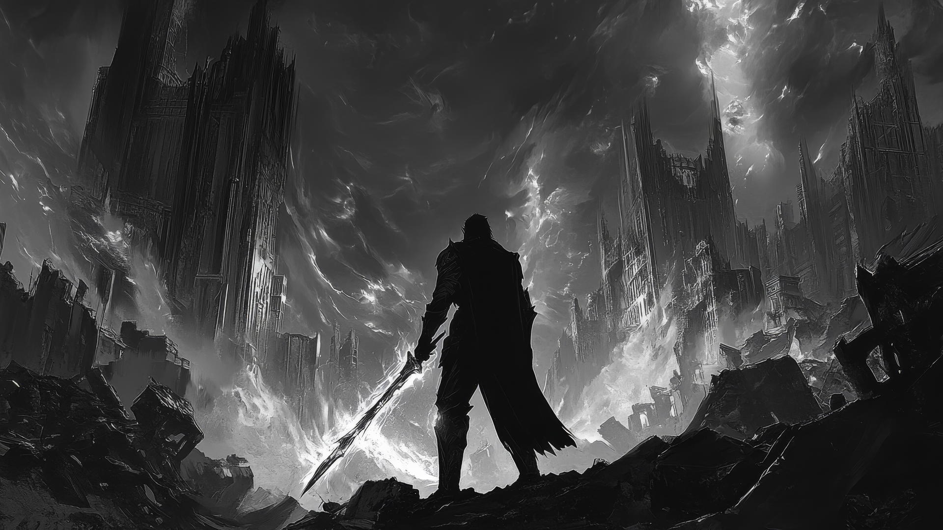 Cool wallpapers for boys: lone hero with glowing sword in ruined city