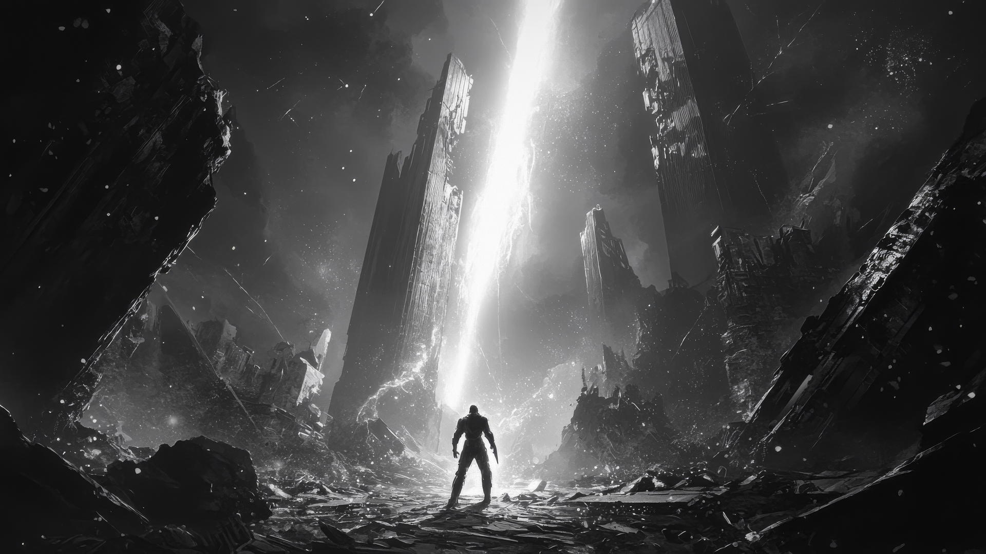 cool wallpapers for boys, hero with glowing sword in ruined city, black-and-white graphic novel