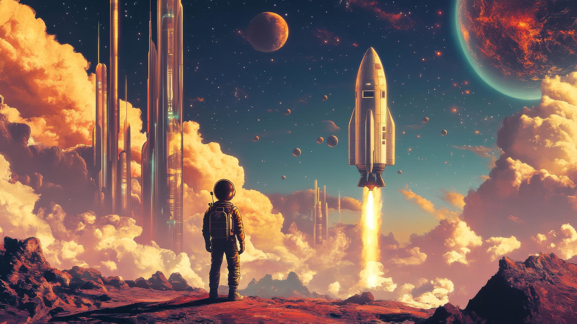 cool wallpapers for boys, vintage retro-futurism poster featuring a boy in a space suit on a planet