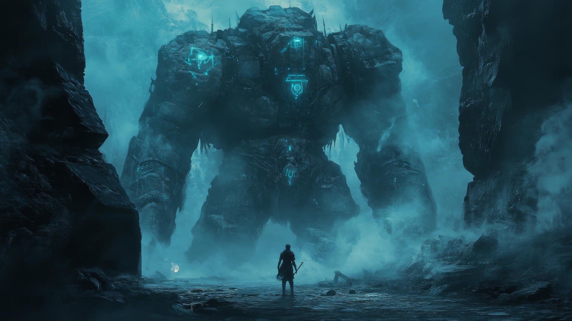 cool wallpapers for boys: young warrior faces colossal stone golem with glowing runes