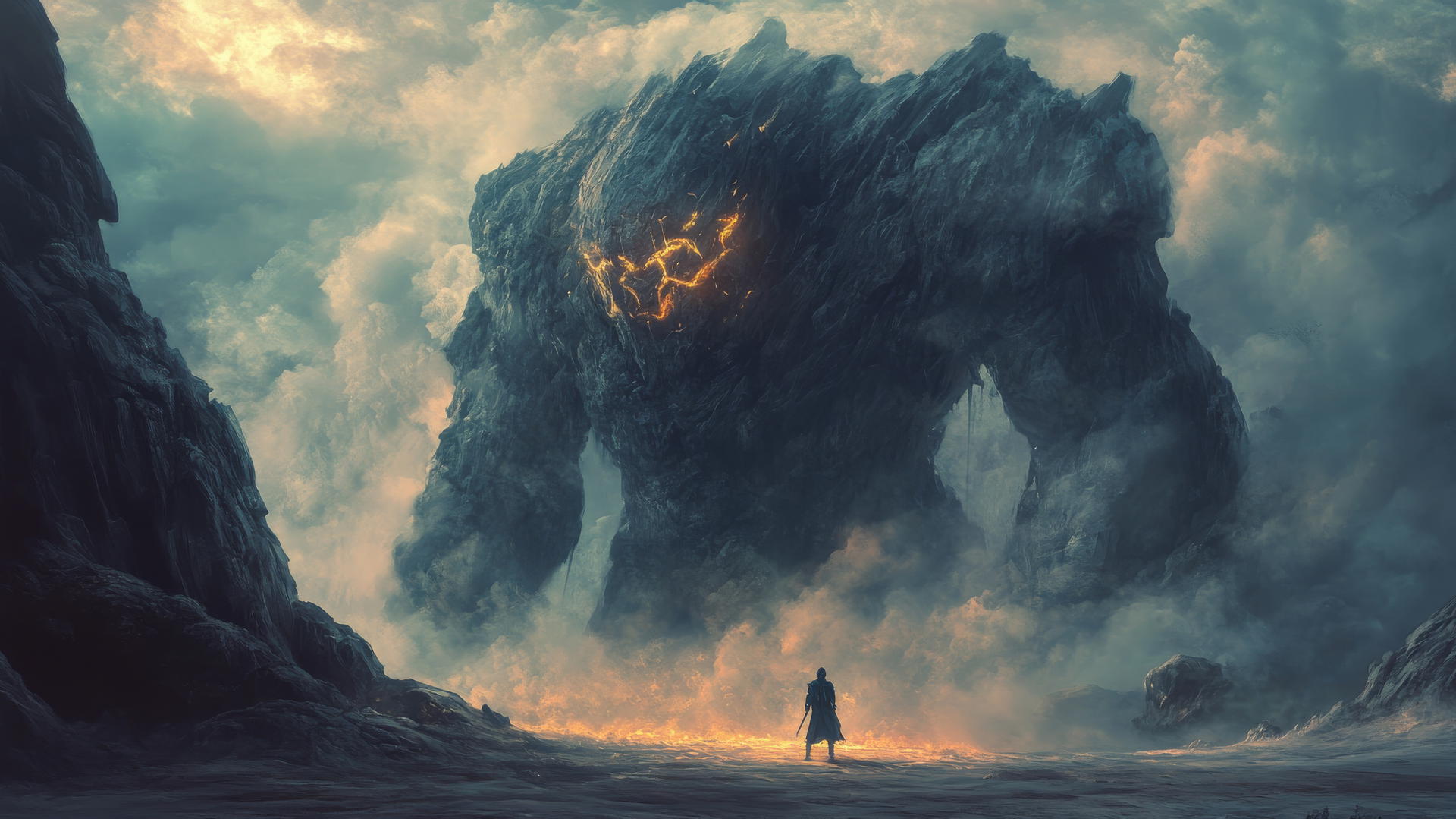 Young warrior facing a colossal stone golem with glowing runes in dark fantasy scene