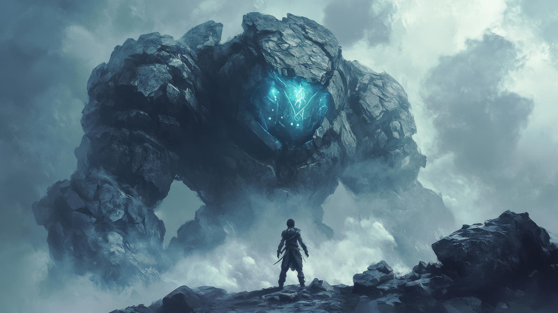 Young warrior faces stone golem with glowing runes in dark misty scene.