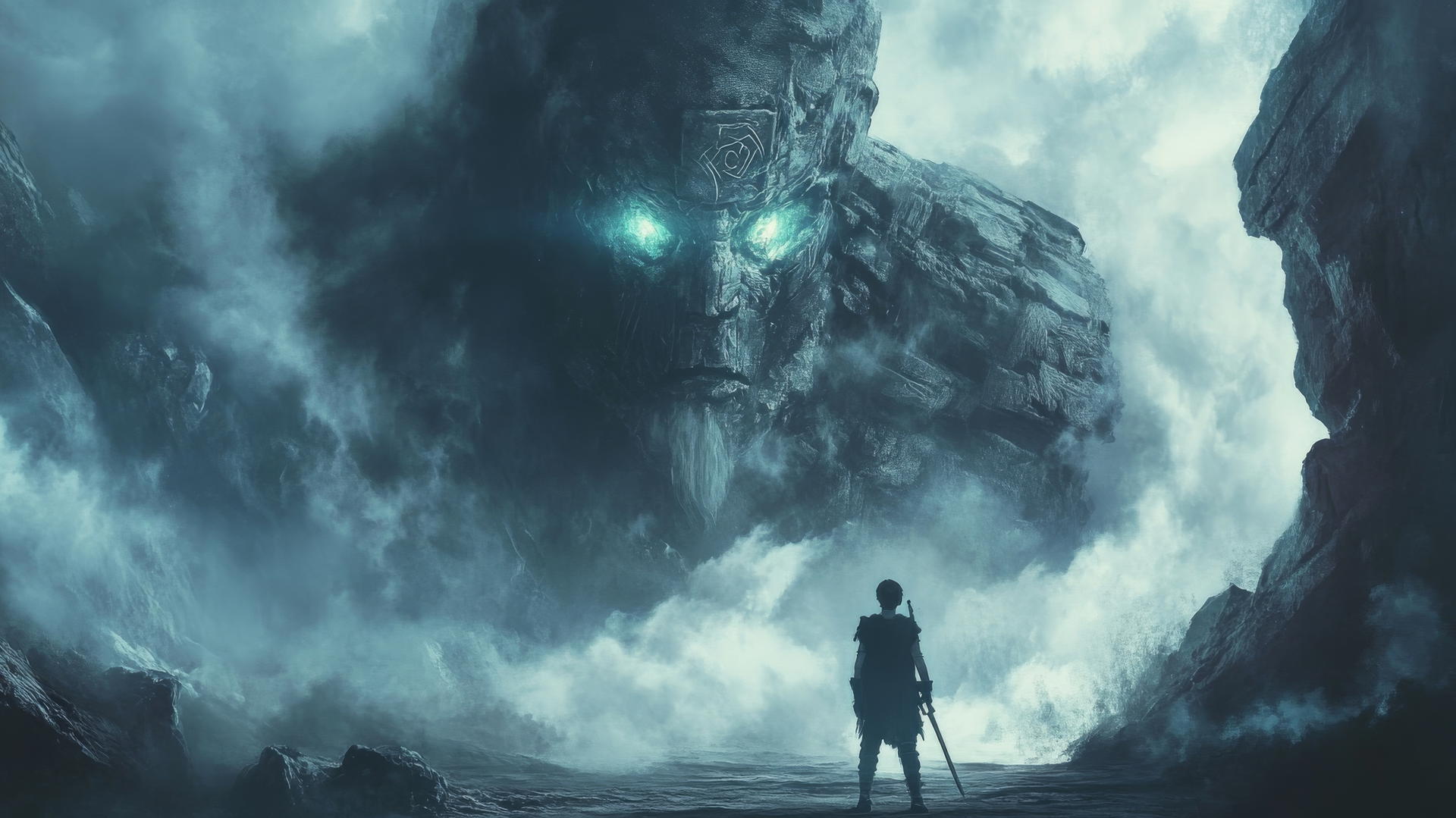 Young warrior faces colossal stone golem with glowing runes in dark fantasy mist