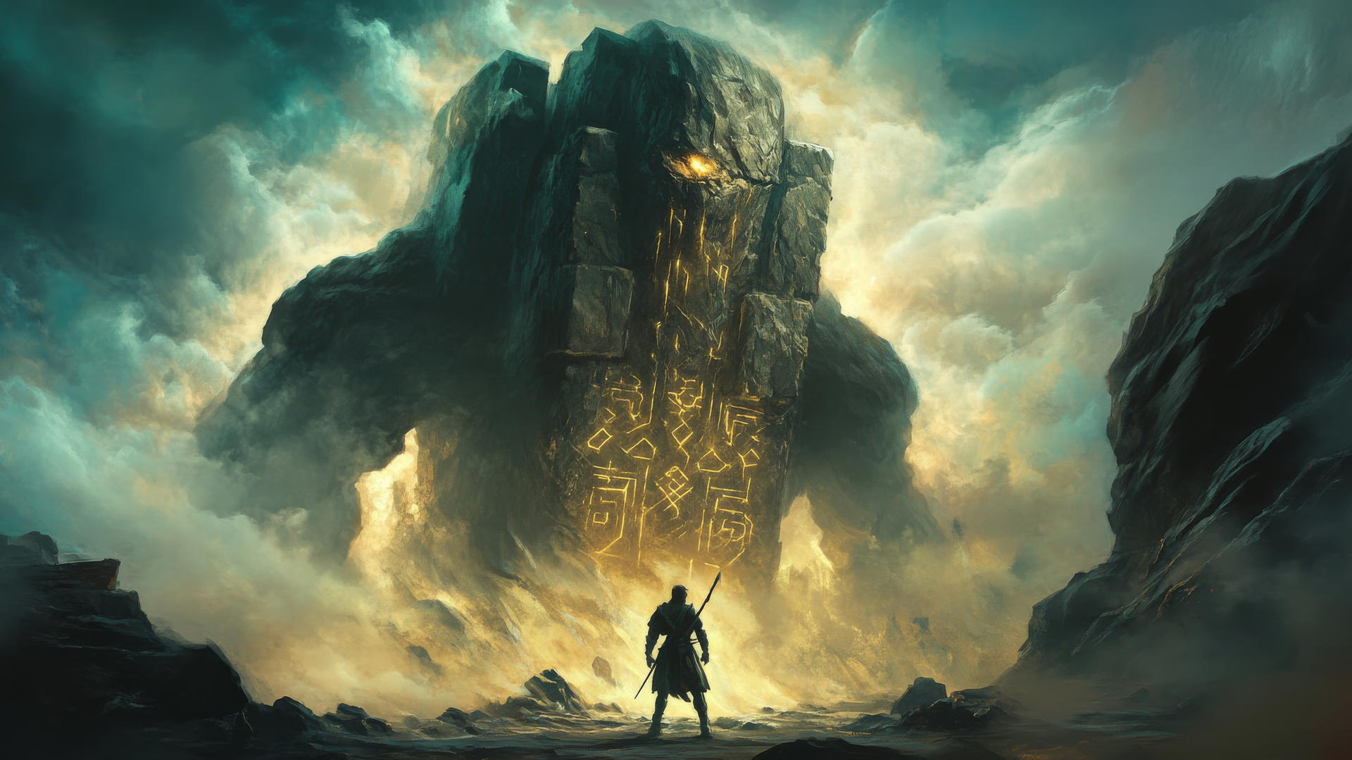 Young warrior before a colossal stone golem with glowing runes and swirling mist.