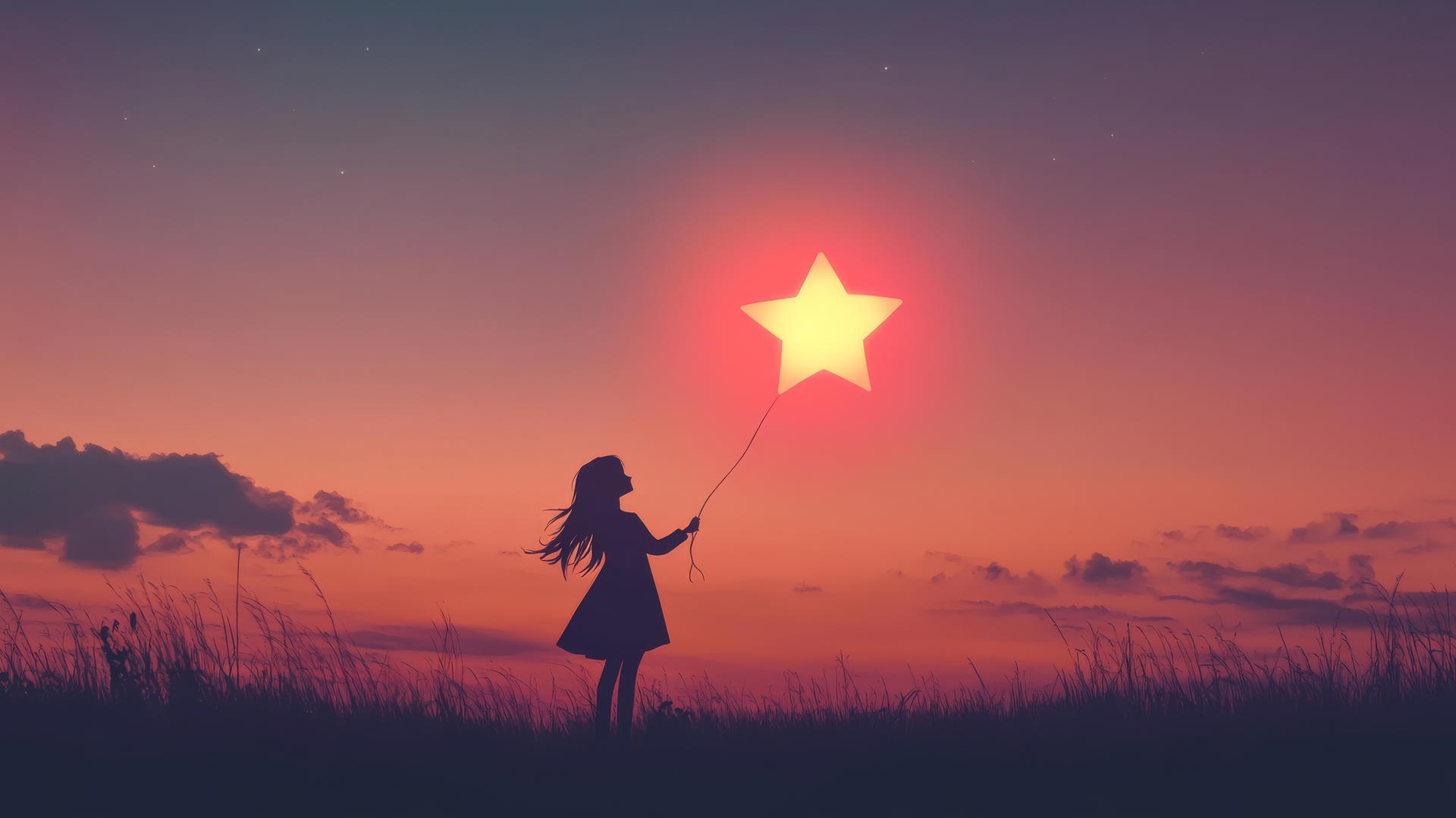 Girl with a star-shaped balloon in pastel gradient sky