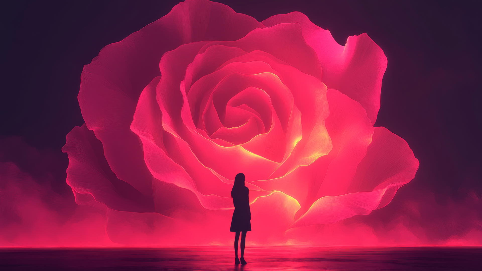 Minimalist girl by giant glowing rose in soft pink tones