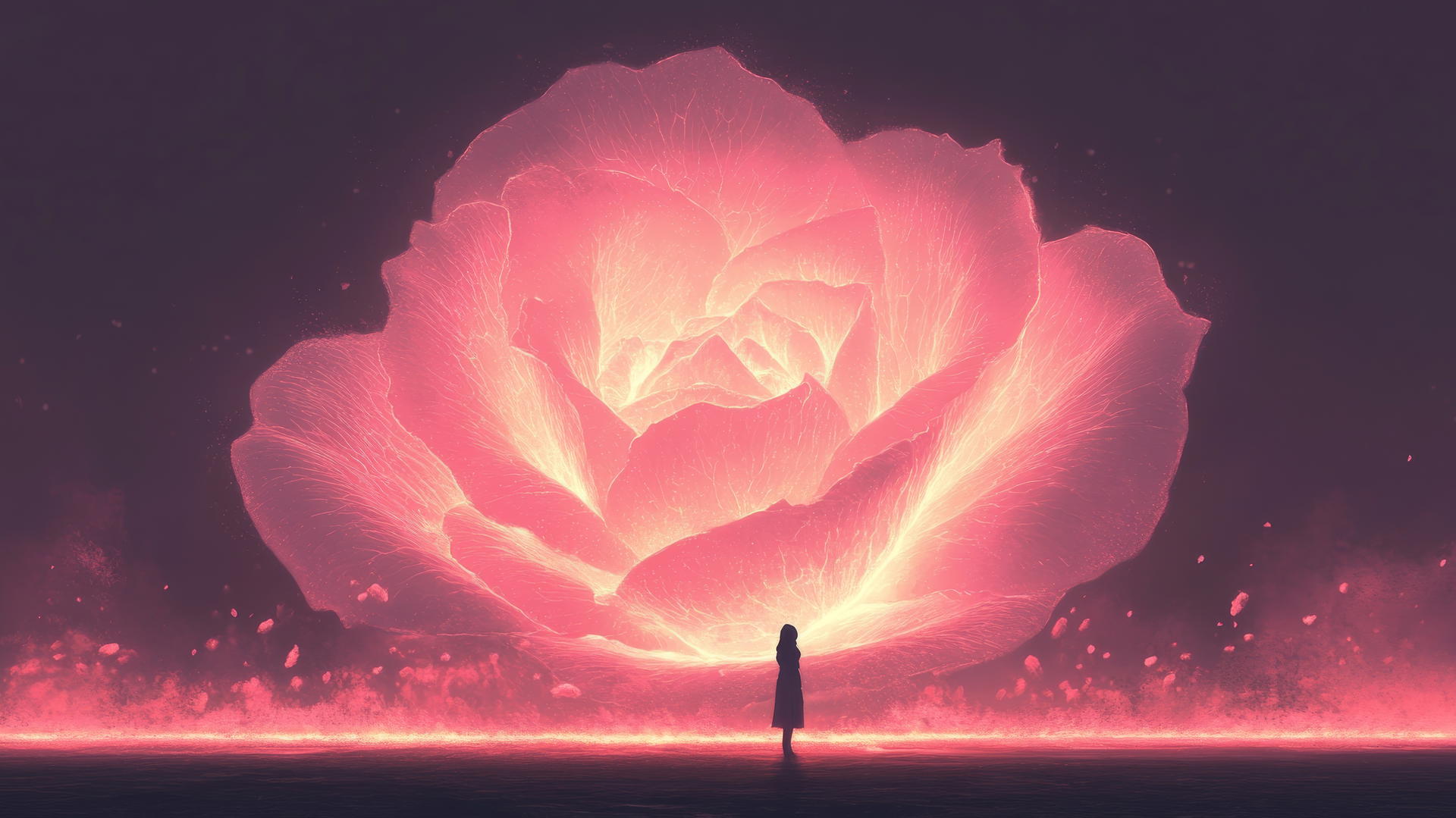 Girl standing before giant glowing rose outline with soft pink tones