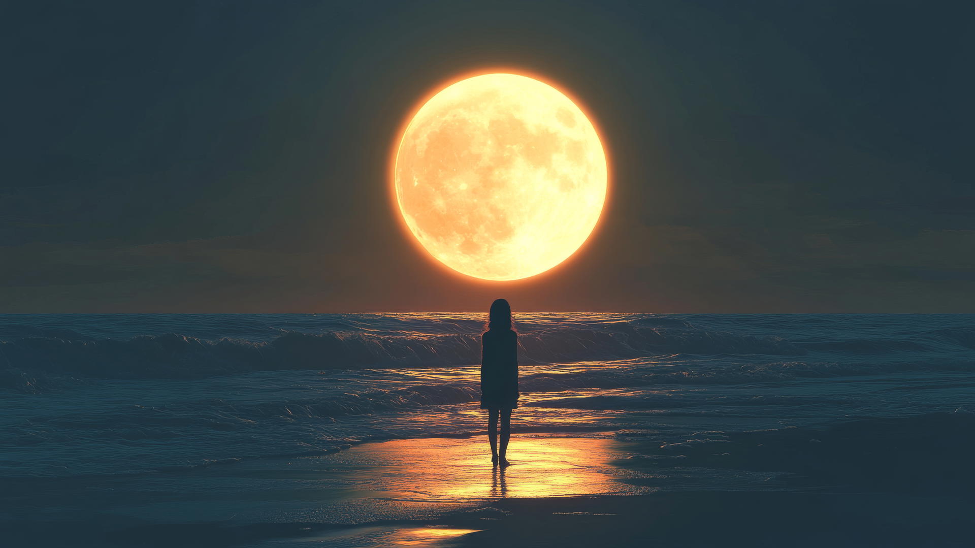 Glowing silhouette of girl by sea under giant, minimalistic moon