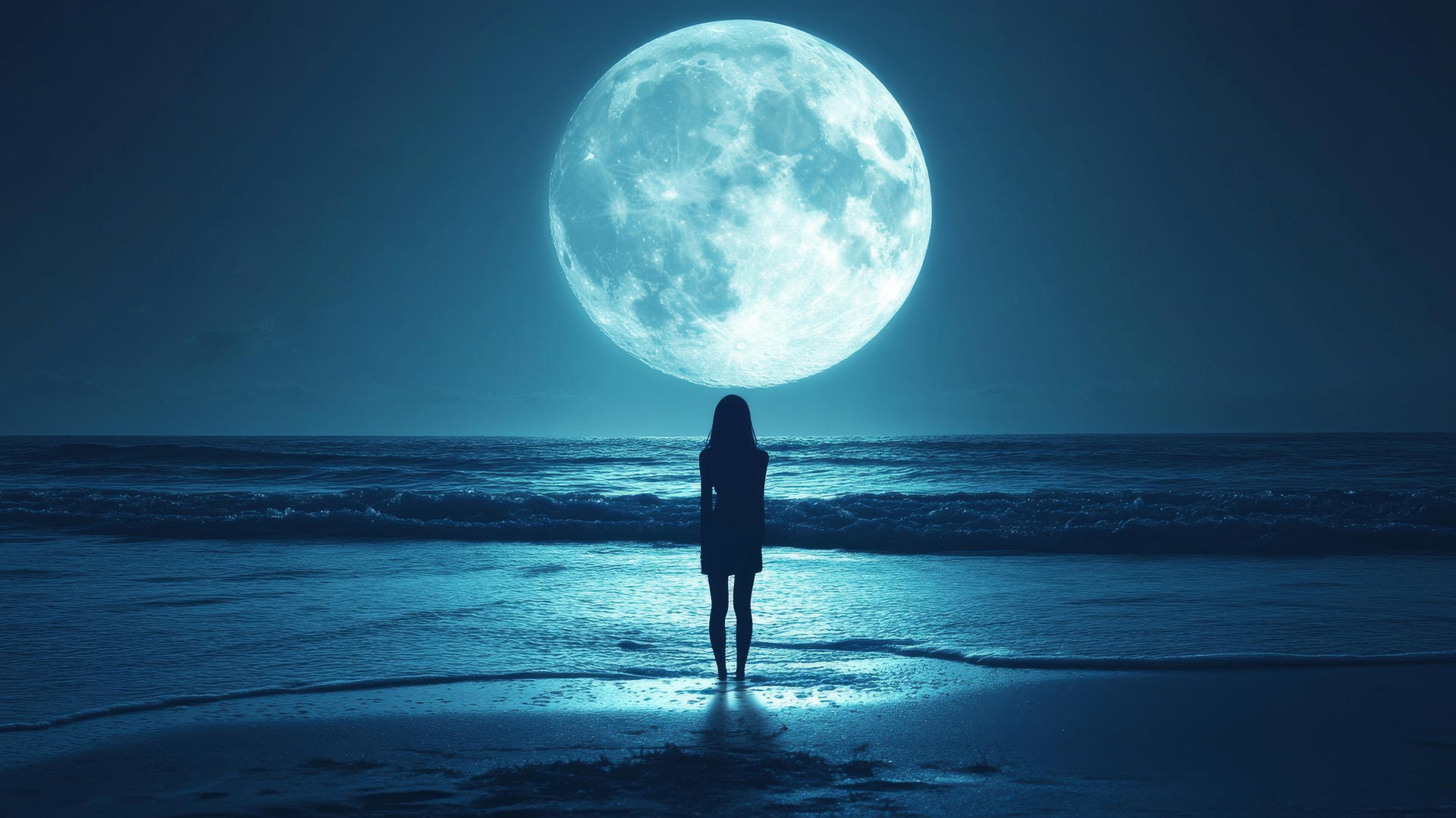 Glowing silhouette of a girl by the sea with a giant moon