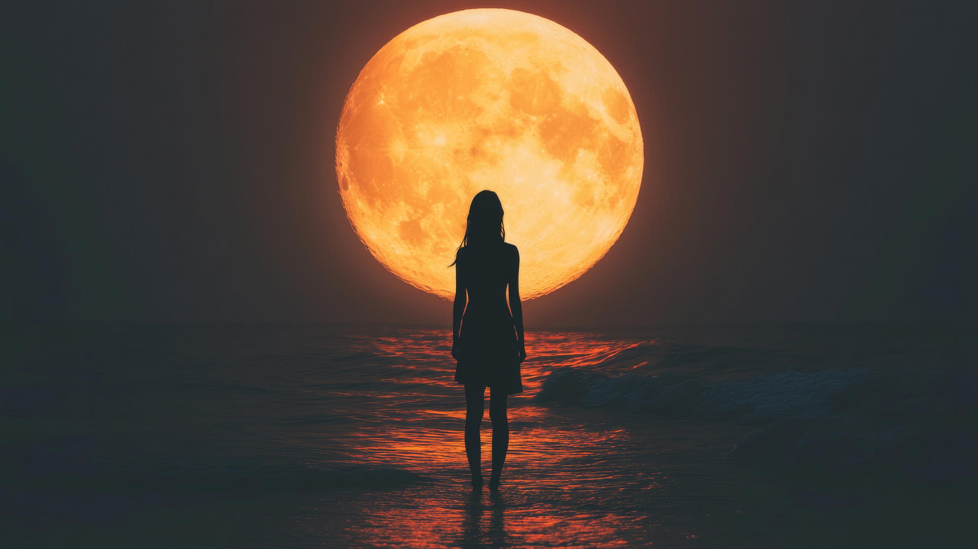 Glowing silhouette of girl by the sea with giant minimalistic moon.