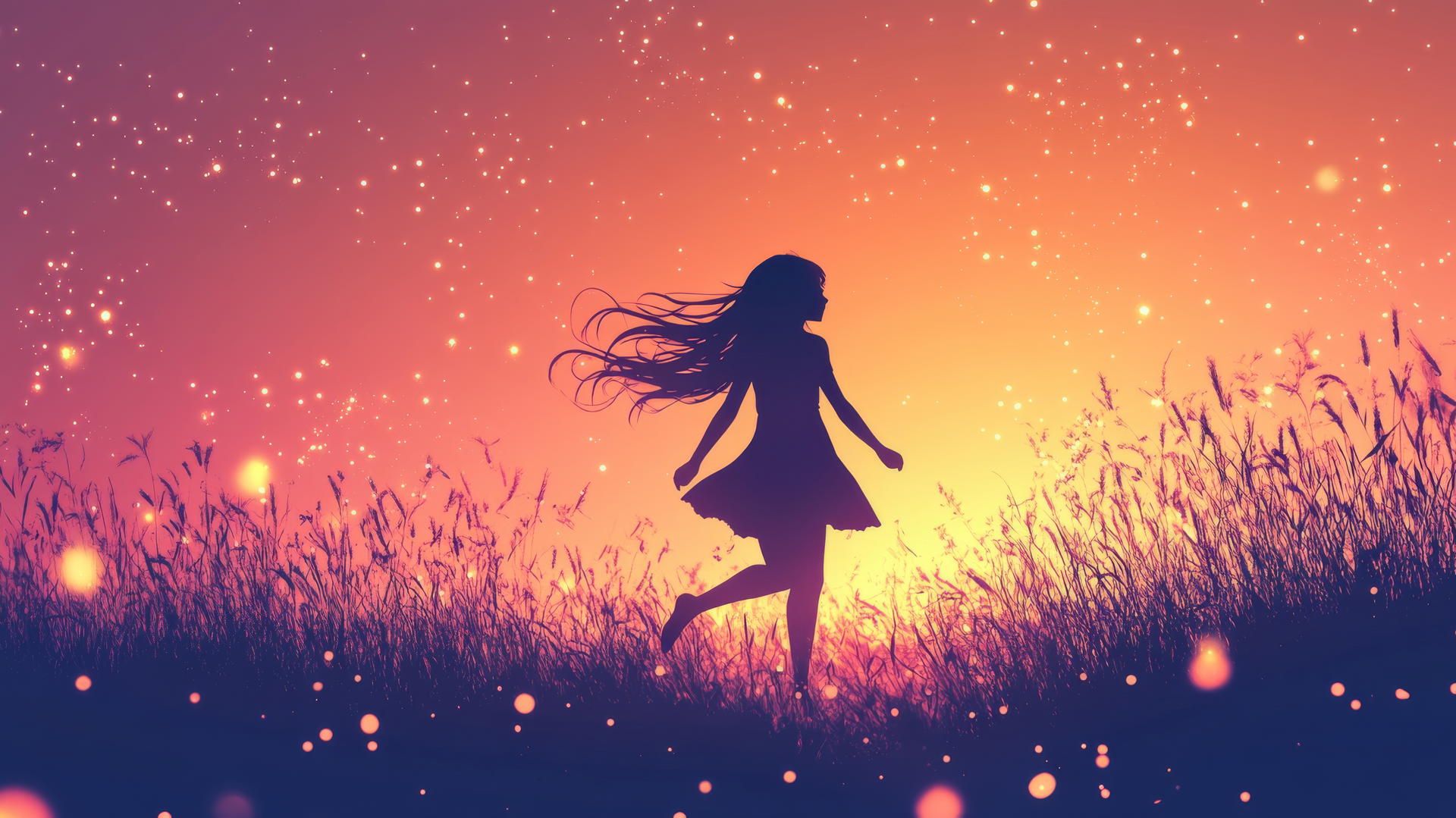 Girl running through glowing stars in pastel background