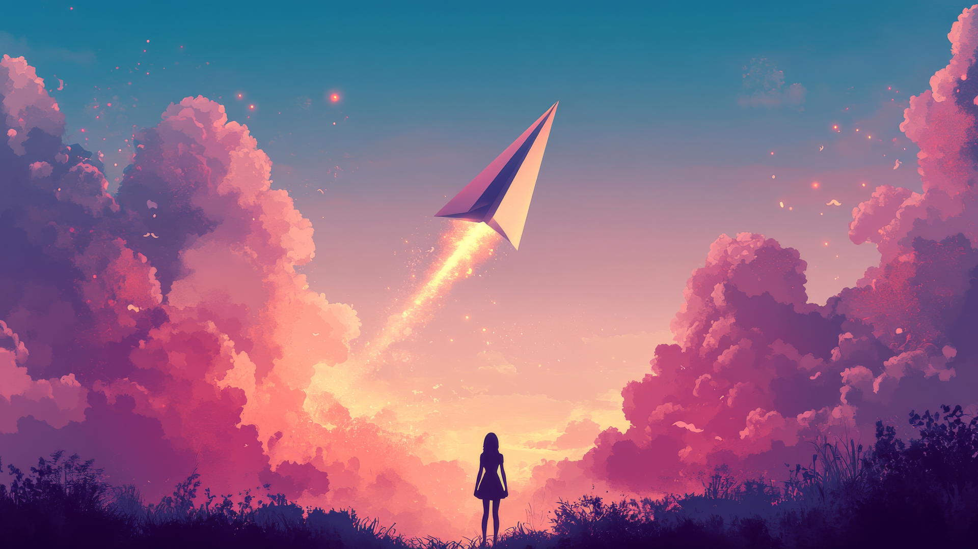 Glowing paper airplane in pastel sky with girl watching