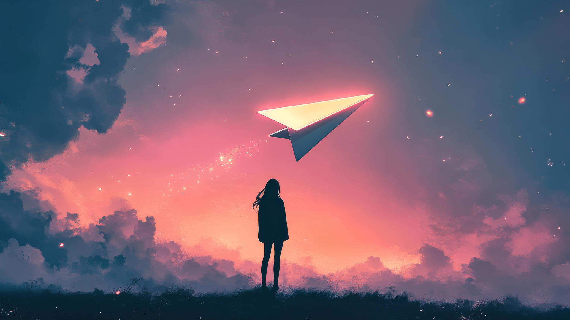 Glowing paper airplane flying through a pastel sky with girl watching below.