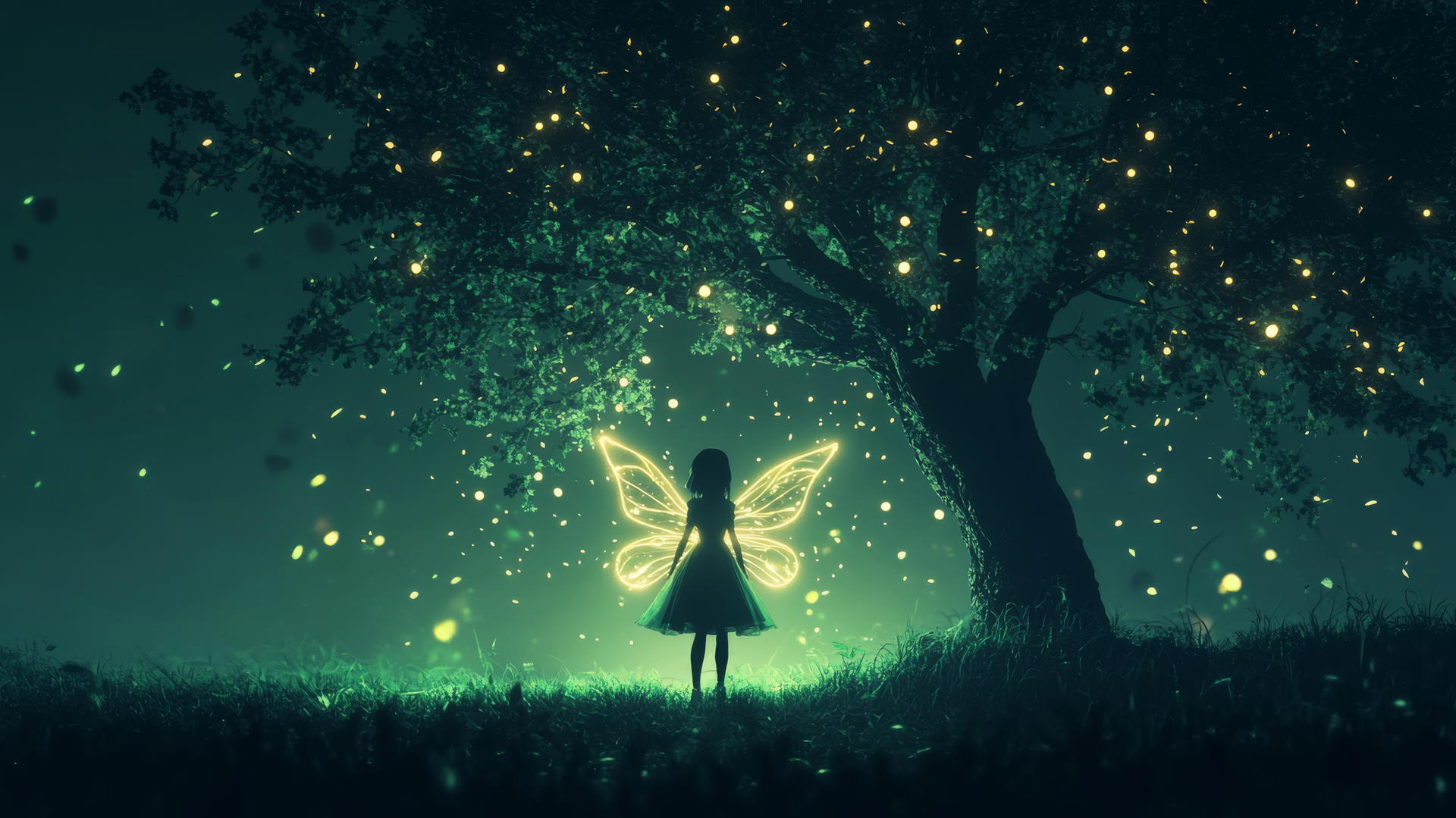 Girl silhouette with glowing fairy wings under neon-lit tree