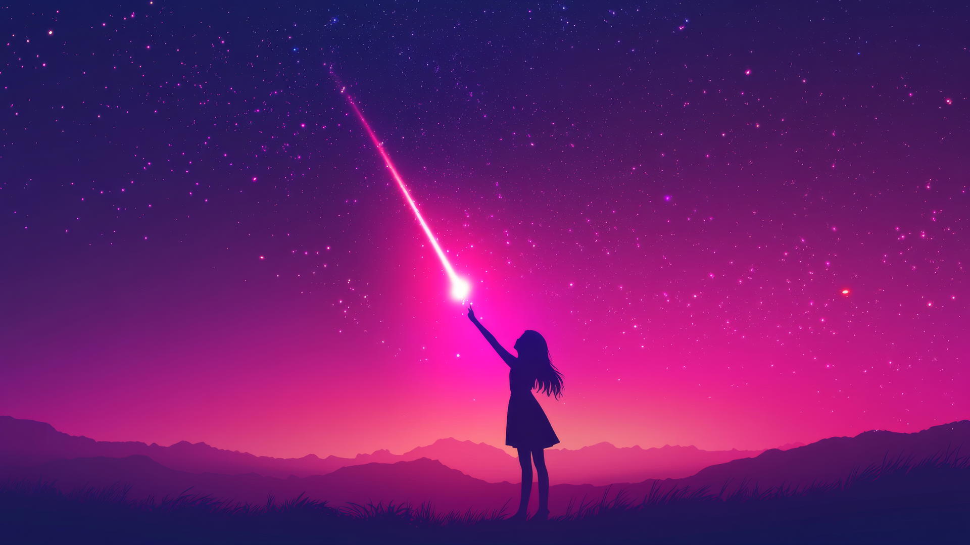 Glowing outline of a girl reaching for a shooting star in a twilight sky with neon trails.