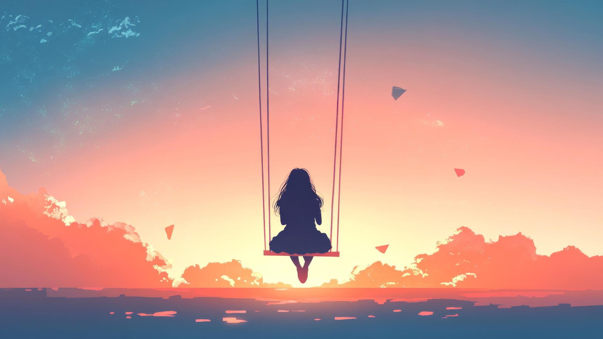 Minimalist vector of a girl on a swing against a pastel sky.