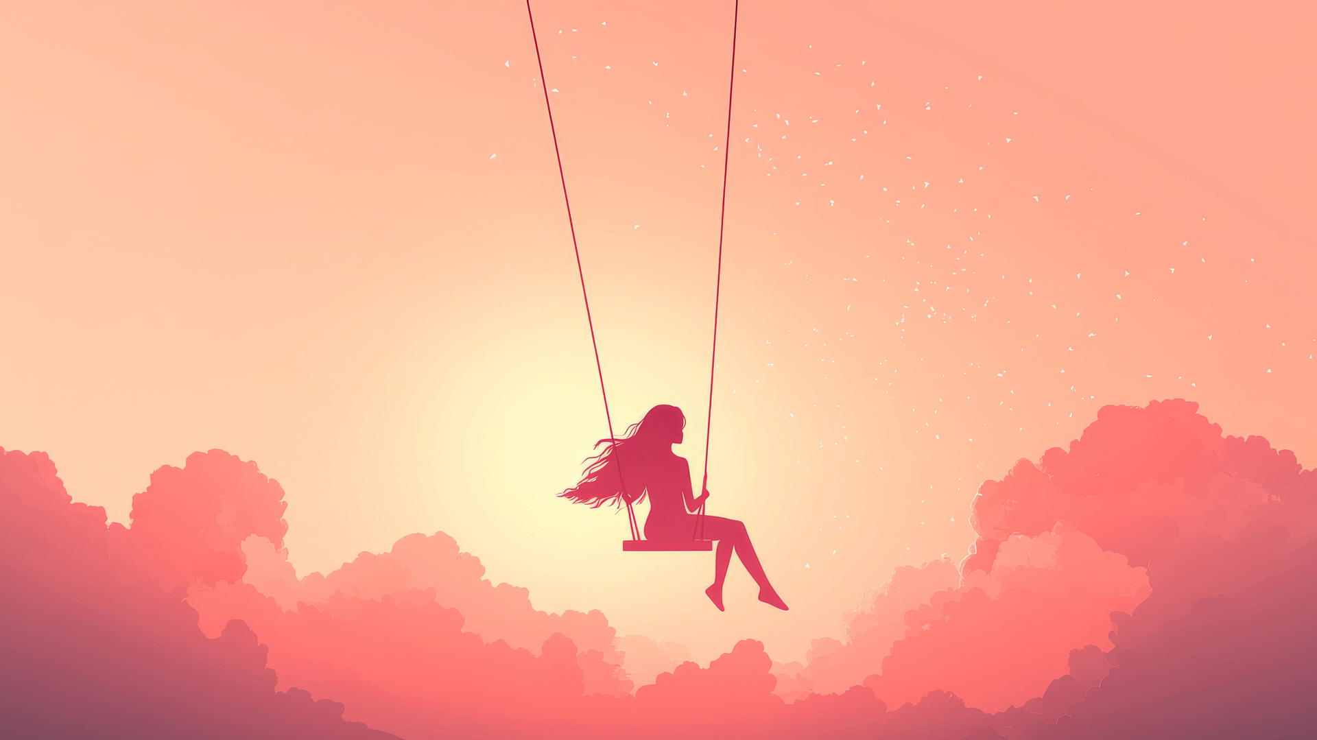 Vector of a girl on a swing with glowing ropes against a pastel sky and geometric clouds.