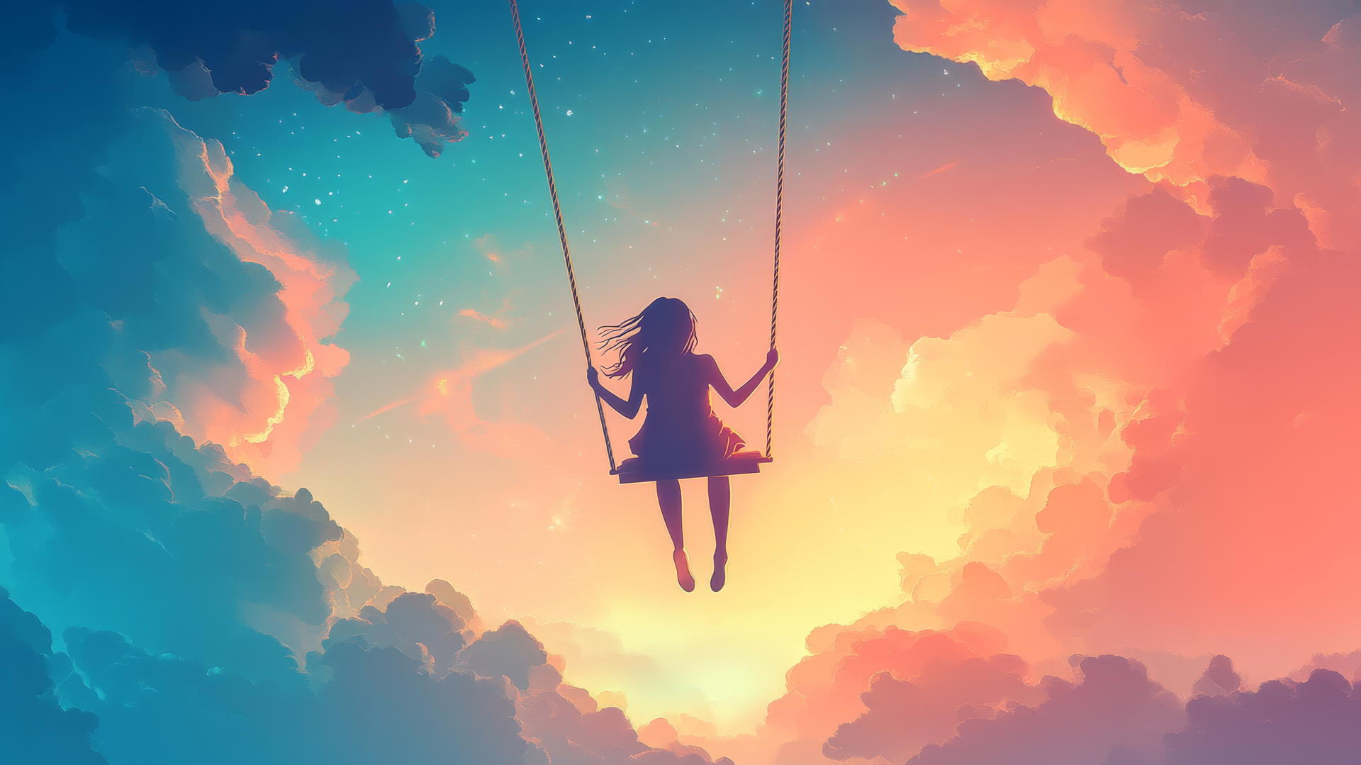 Girl on swing with glowing outlines against pastel sky