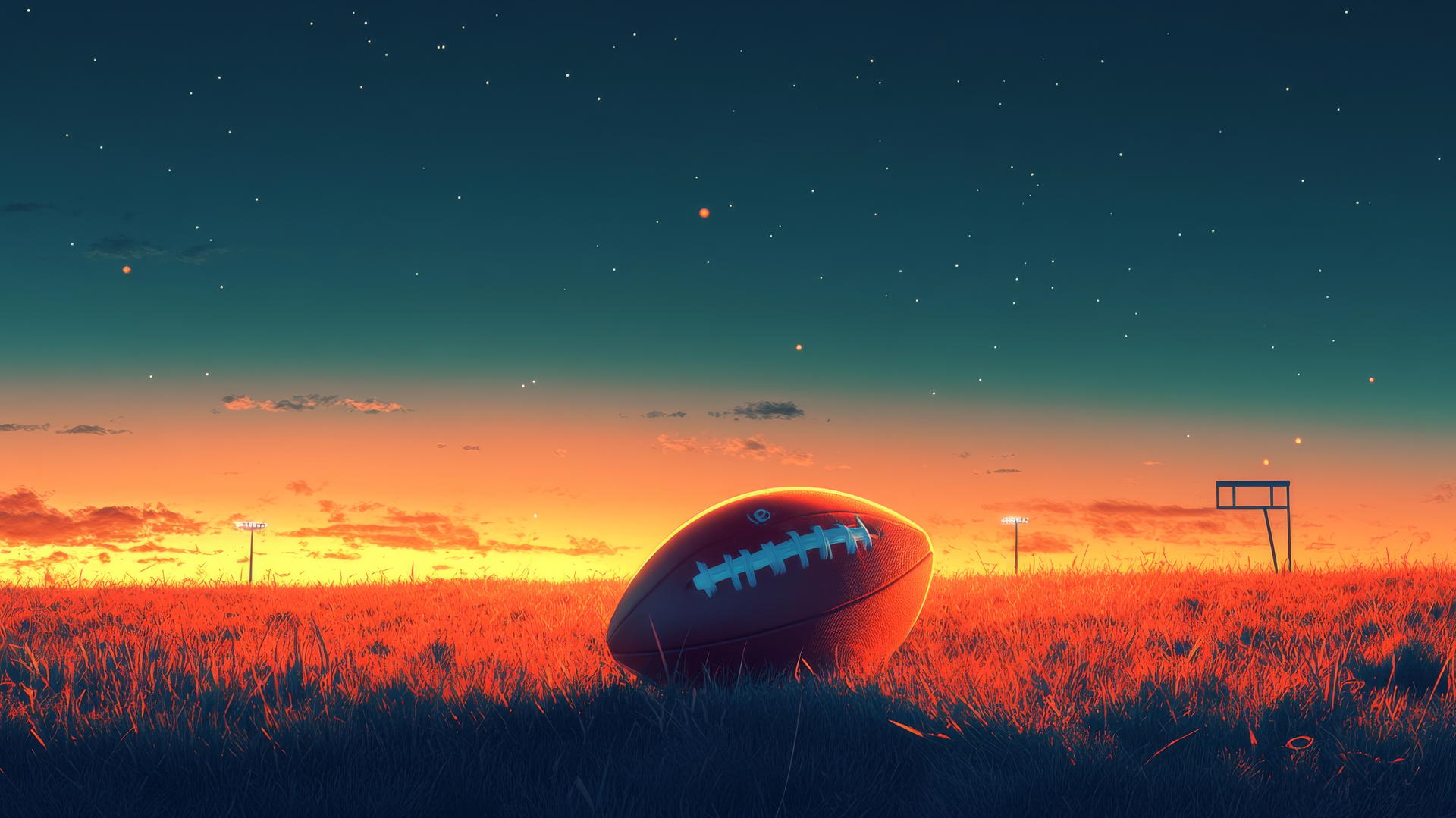 Glowing football on tee with gradient dusk to night sky