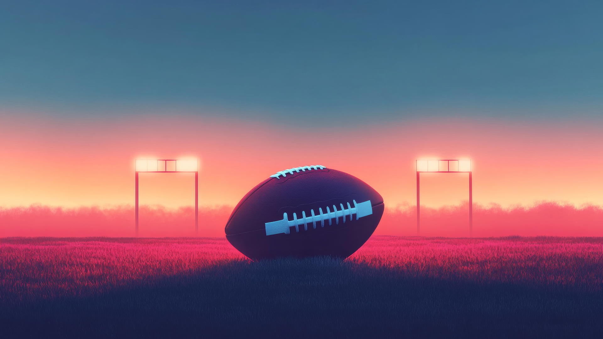 Glowing football on a tee in a minimalistic field with gradient dusk to night sky
